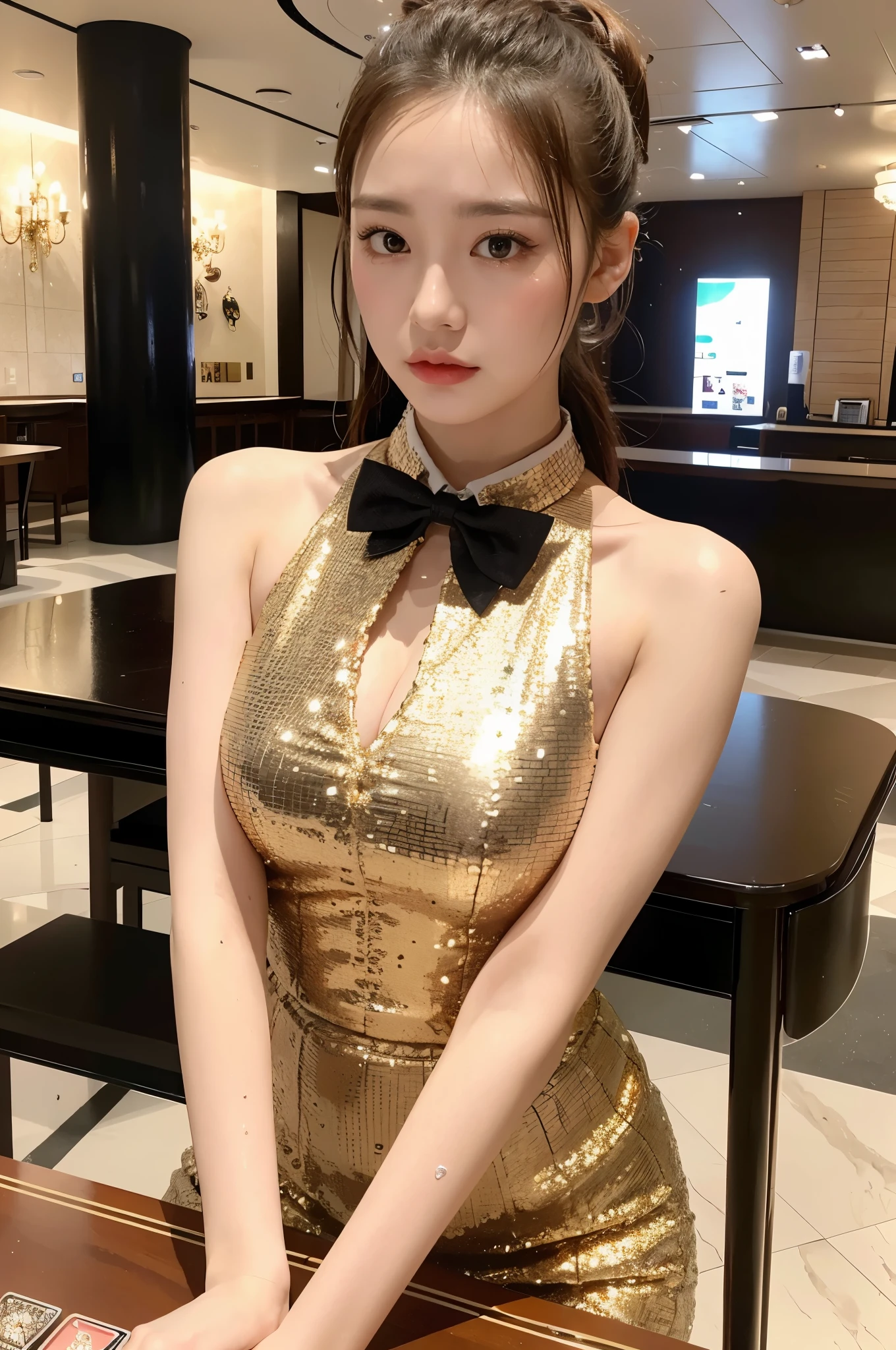(8K), (highest quality: 1.2), (realistic), (realistic: 1.37), ultra high resolution, 1 girl, cute, serious face, closed mouth, beautiful details, beautiful nose, whole body, wet hair,Ponytail giant Dulcefo, pork, thighs,Burberry check skirt,gold sequin halter vest,A bow tie,Greige,look away,casino,Are standing,Have a playing card,hands on table