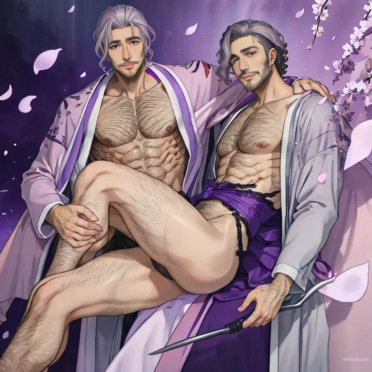 "A shapeshifter with curly PurpleGrey hair, Dove Grey eyes, and stubble, male character dressed in lingerie."