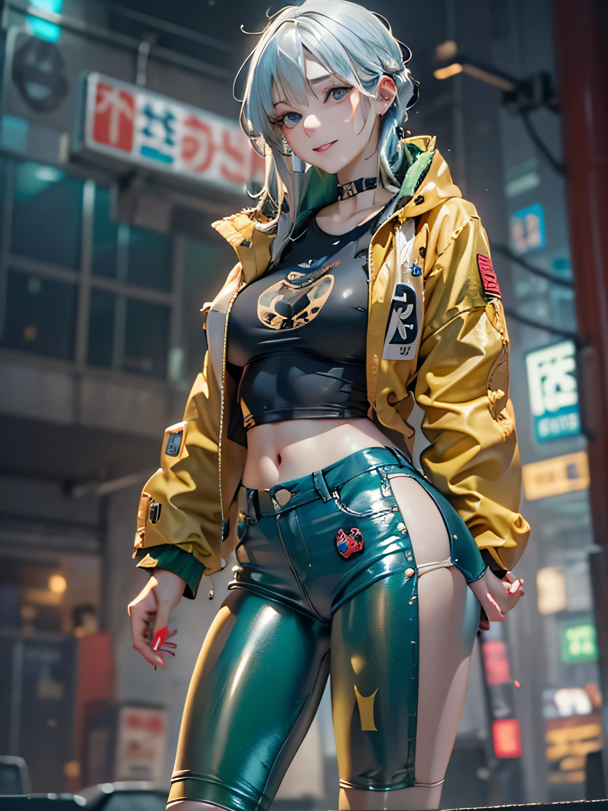 (photorealistic:1.8, highest quality:1.8,8K masterpiece:1.8,High resolution,muste piece:1.8,RAW Photos,cinematic lighting),No split screen, cyber punk、Highway at night、rain-soaked ground、 (1 android girl:1.3)、Completely naked、Full body tattoo、choker、beautiful breasts、T-shirt、denim mini skirt、beautiful butt、beautiful thighs,plump nipples、Nipples are visible through the costume,cameltoe,Body painting with a pop design drawn all over the body、pop art design、cutting edge fashion、conceptual art、 Provocative sexy poses、look back、Spread your legs apart、spread your legs wide、 (Beautiful shining vermilion green-blue golden-white hair:1.5)、shining blue eyes、Shy Smile