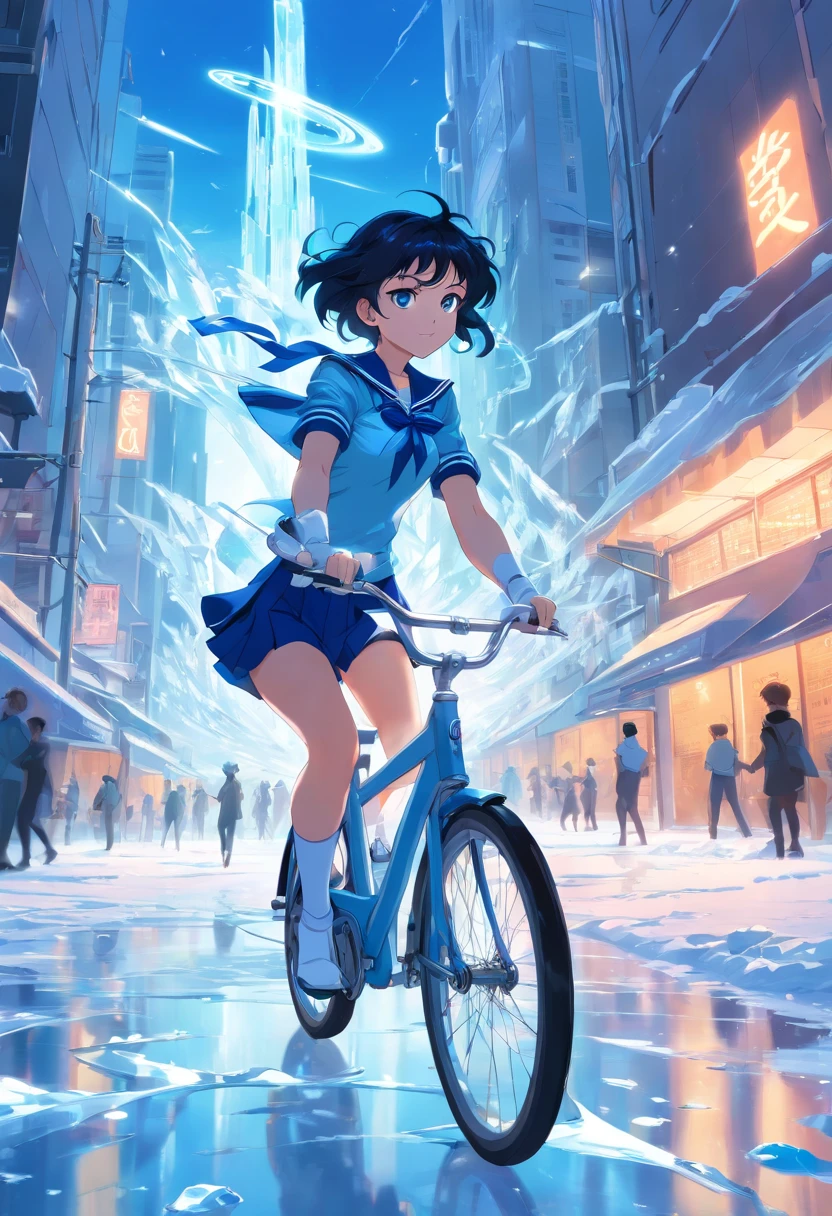 Sailor Mercury rides a bicycle, A complex ice structure in a futuristic city
