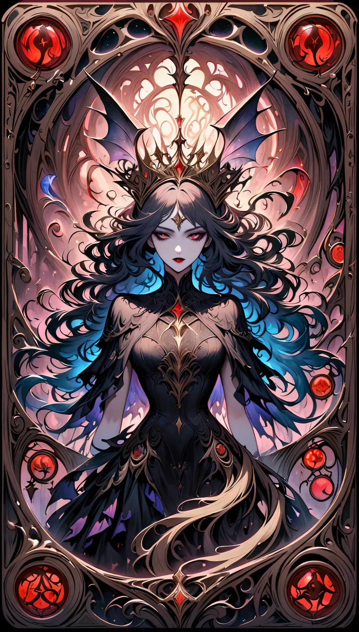 Tarot card: Mad Queen,dark fantasy,hauntingly beautiful,vivid colors,gothic horror,macabre atmosphere,fluid strokes,great attention to detail,fine linework,elaborately designed tarot card with intricate patterns,creepy and mesmerizing,richly textured,dramatic lighting,mysterious aura,distinctive style,exquisite artwork,shadowy background,mystical symbols,emotive expression,captivating gaze,feathered headdress,pale complexion,demonic features,long flowing hair with twisted strands,smoky eye makeup,intriguingly distorted face,dripping blood-red lipstick,ominous creatures lurking in the shadows,ethereal mist adding an otherworldly touch,moody tones enhancing the somber mood,impressive visual impact,foreboding vibe.
