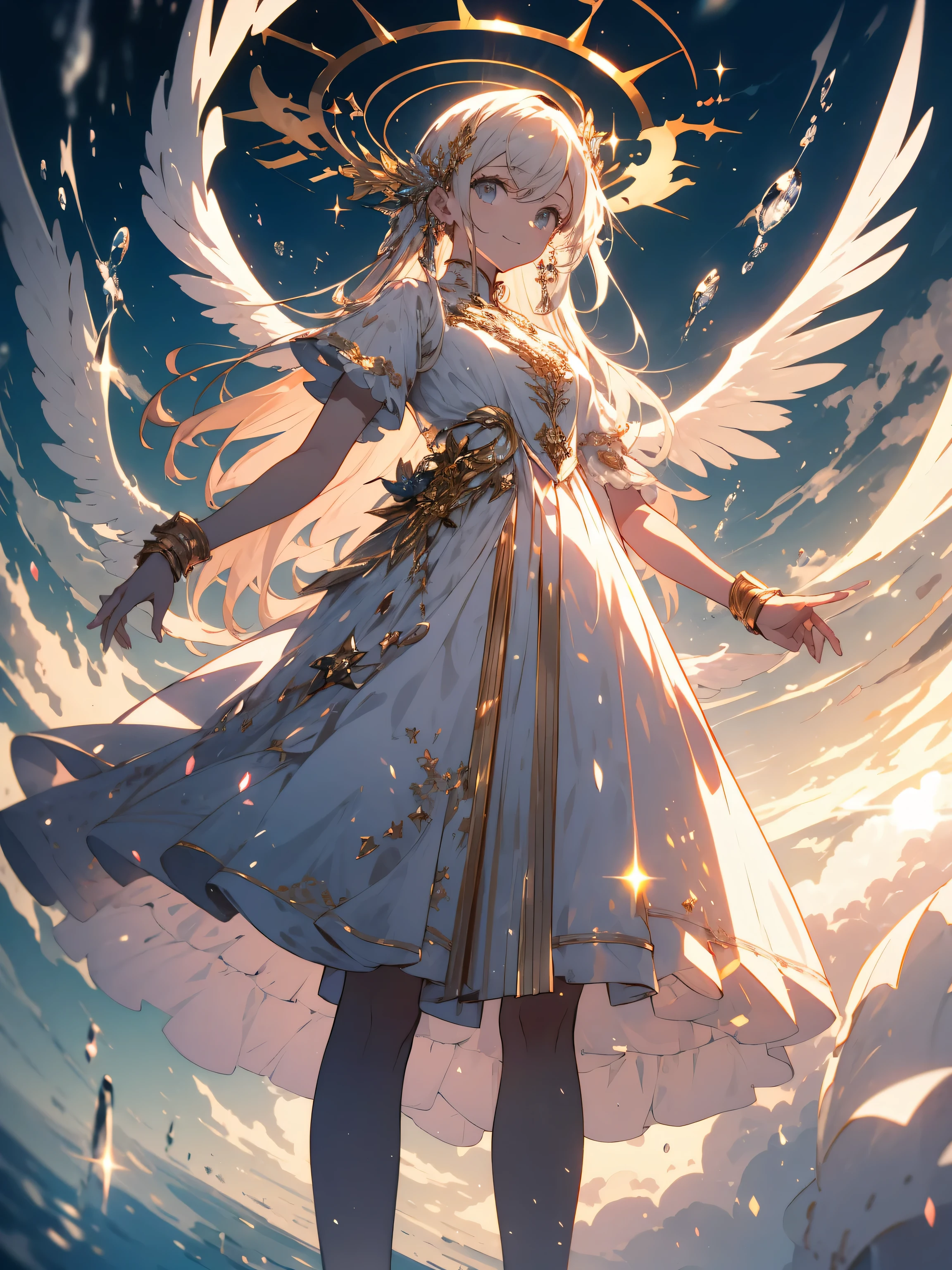(highest quality、masterpiece、High resolution、be familiar with), (1 girl, cute angel), (gentle smile),(shining eyes、be familiar with美しい顔)、 (golden halo)、(White wings on back)、(walk the path of light、fantasy)、white pink color scheme, above the clouds、(highest quality、masterpiece、High resolution、be familiar with)、beautiful anime、(Standing picture、whole body)