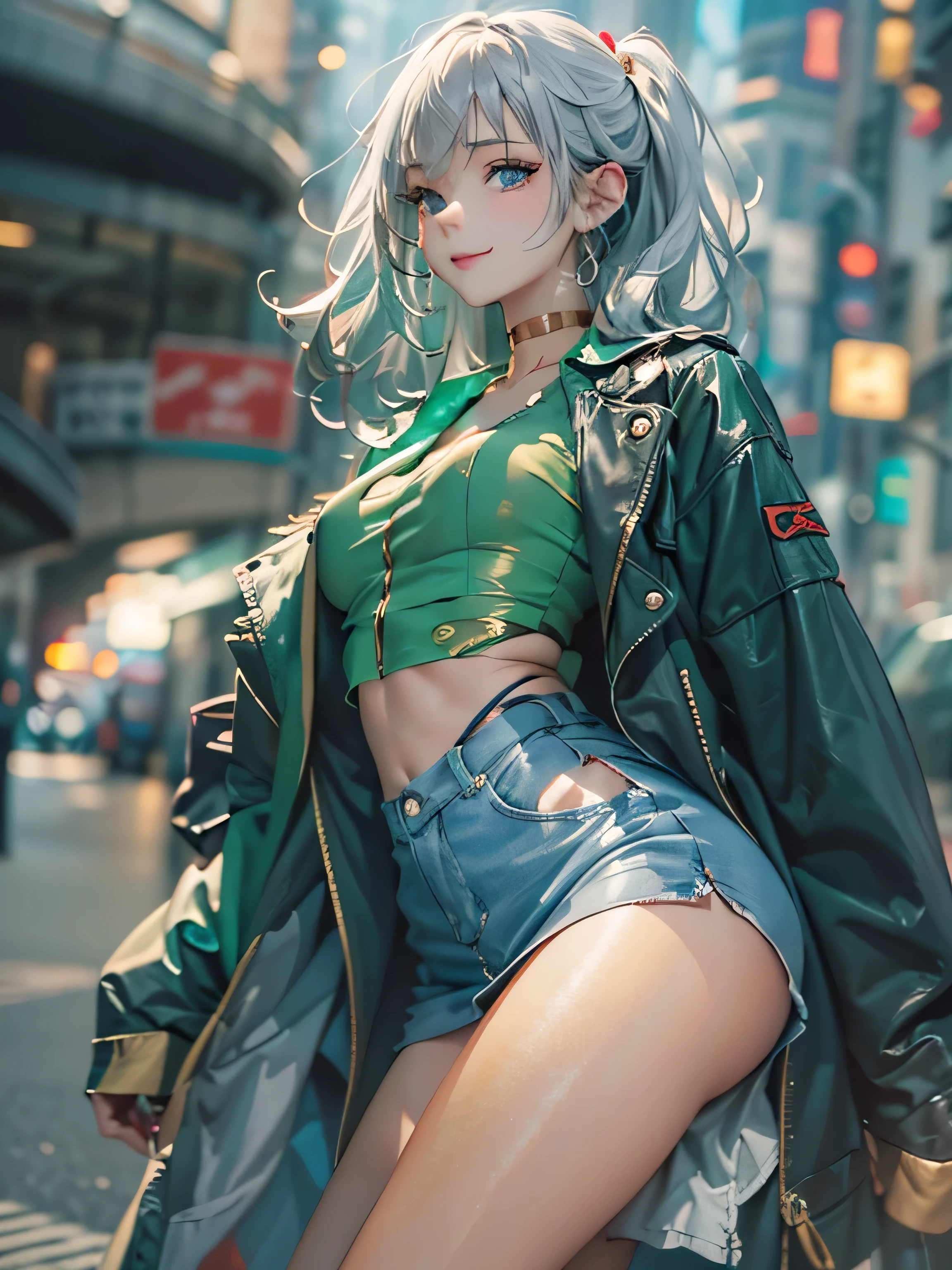 (photorealistic:1.8, highest quality:1.8,8K masterpiece:1.8,High resolution,muste piece:1.8,RAW Photos,cinematic lighting),No split screen, cyber punk、Highway at night、rain-soaked ground、 (1 android girl:1.3)、Completely naked、Full body tattoo、choker、beautiful breasts、T-shirt、denim mini skirt、beautiful butt、beautiful thighs,plump nipples、Nipples are visible through the costume,cameltoe,Body painting with a pop design drawn all over the body、pop art design、cutting edge fashion、conceptual art、 Provocative sexy poses、look back、Spread your legs apart、spread your legs wide、 (Beautiful shining vermilion green-blue golden-white hair:1.5)、shining blue eyes、Shy Smile