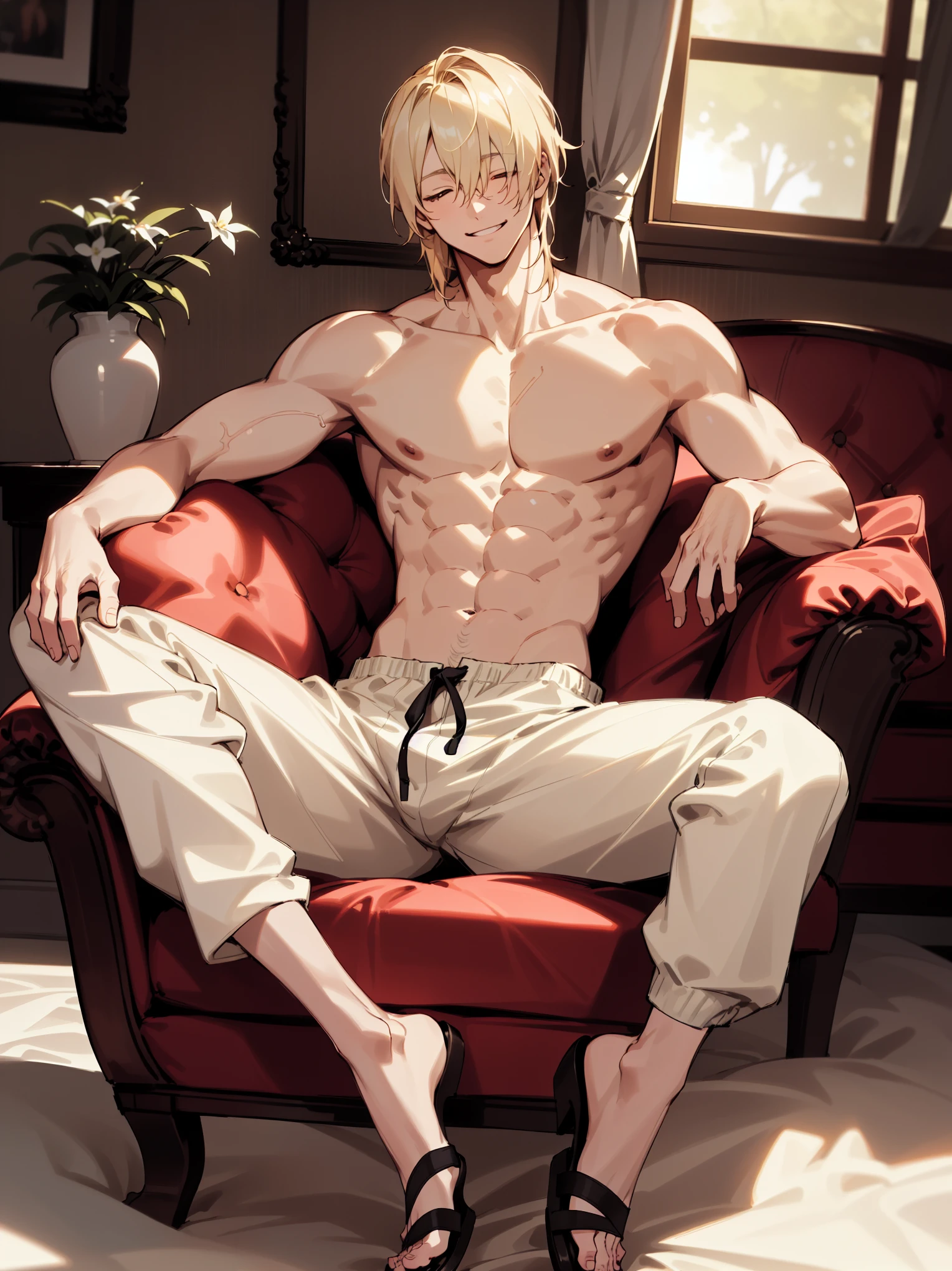 (highest resolution, distinct_image) The best quality, semi realistic, highly detailed, 1 man, hair covering eyes, light blond hair, living room, joggers, sandals, sitting, open legs, smiling, playful, mysterious, charming, casual, shirtless, pornstar, broad shoulders