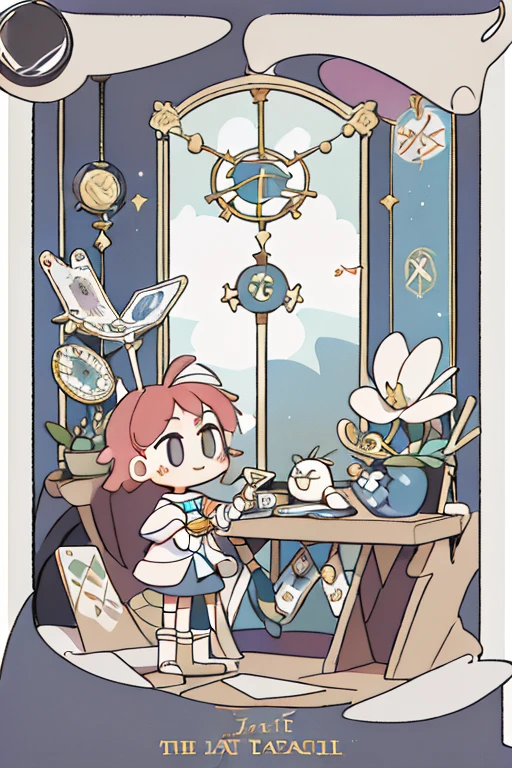 (tarot card:1.8),the magician\(tarot card\),#Quality(8k,best quality,masterpiece,cinematic),solo,skelton:1.8 #1girl(cute, kawaii,small kid,standing by the desk,holding wand),#background(red rose and white lily is in front of the girl),from front,(at the bottom written txt:"THE MAGICIAN")