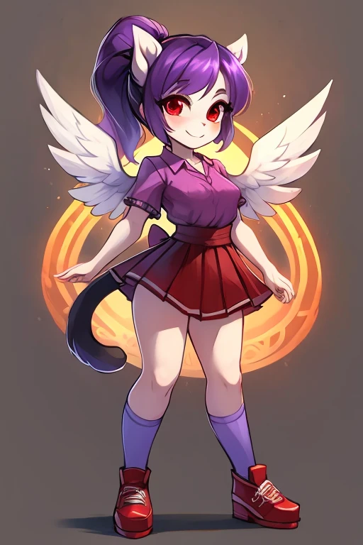 "((solo girl)) ((better quality)), full body, anthrophomorphic female pony, white skin,red eyes pulpils, cute expression, white bird long wings and short dark purple hair and ponytail, plum shirt Regata, dark red skirt, blue socks, red shoes, black glooves, golden rings in wriste, black cat in head
