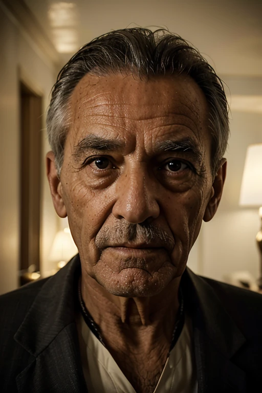 Cinematic portrait photo of a very interesting old man inside a luxury hotel, olhos azuis abertos, Retrato VFX altamente detalhado, taken with a full frame camera with wild lens, em hotel de luxo,