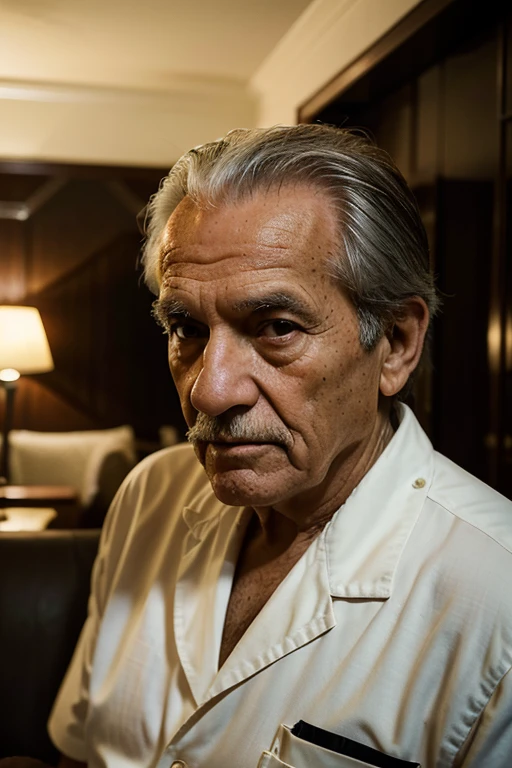 Cinematic portrait photo of a very interesting old man inside a luxury hotel, olhos azuis abertos, Retrato VFX altamente detalhado, taken with a full frame camera with wild lens, em hotel de luxo,