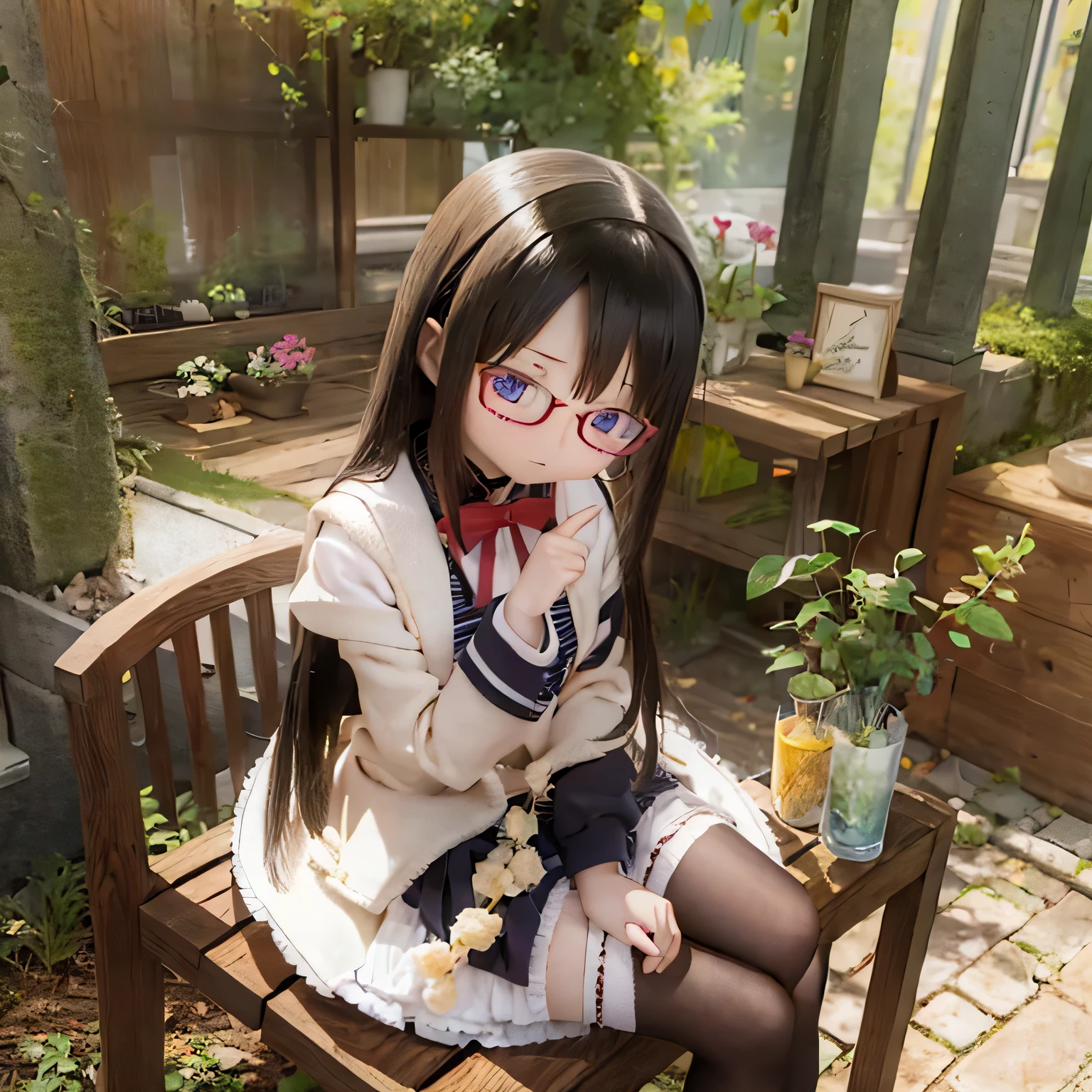 (best quality,photorealistic:1.37),vivid colors,ultra-detailed,physically-based rendering,"tabletop","expressive eyes","perfect face","closed lips","small chest","barefoot","Akemi Homura standing","black hair","sitting on a chair","black-framed glasses","underwear"