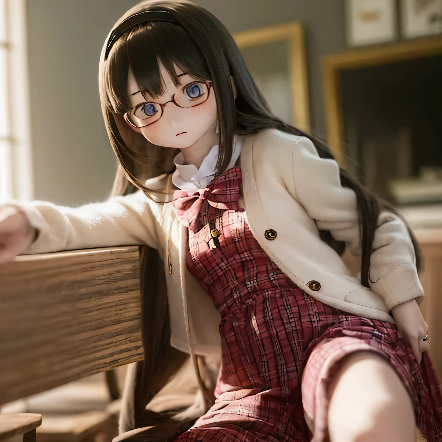 (best quality,photorealistic:1.37),vivid colors,ultra-detailed,physically-based rendering,"tabletop","expressive eyes","perfect face","closed lips","small chest","barefoot","Akemi Homura standing","black hair","sitting on a chair","black-framed glasses","underwear"