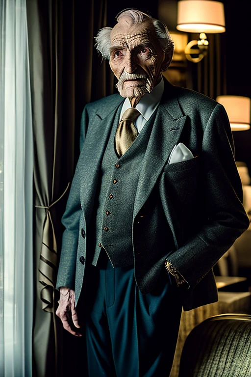 A cinematic portrait photo of a deeply intriguing old man, captured within the opulent surroundings of a luxury hotel. His open azure eyes gleam with a hidden depth, reflecting the softly lit environment around him.This highly detailed VFX retake was skillfully executed using a full frame camera equipped with a wide-angle lens. The old man's wrinkled features and expressive eyes are captured in stunning detail, revealing a wealth of stories and experiences.The luxurious hotel setting is tastefully depicted with intricate texture and cinematic lighting, creating an overall atmosphere of elegance and sophistication. The old man's attire, impeccably tailored and stylish, adds to the overall