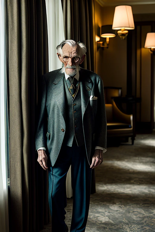 A cinematic portrait photo of a deeply intriguing old man, captured within the opulent surroundings of a luxury hotel. His open azure eyes gleam with a hidden depth, reflecting the softly lit environment around him.This highly detailed VFX retake was skillfully executed using a full frame camera equipped with a wide-angle lens. The old man's wrinkled features and expressive eyes are captured in stunning detail, revealing a wealth of stories and experiences.The luxurious hotel setting is tastefully depicted with intricate texture and cinematic lighting, creating an overall atmosphere of elegance and sophistication. The old man's attire, impeccably tailored and stylish, adds to the overall