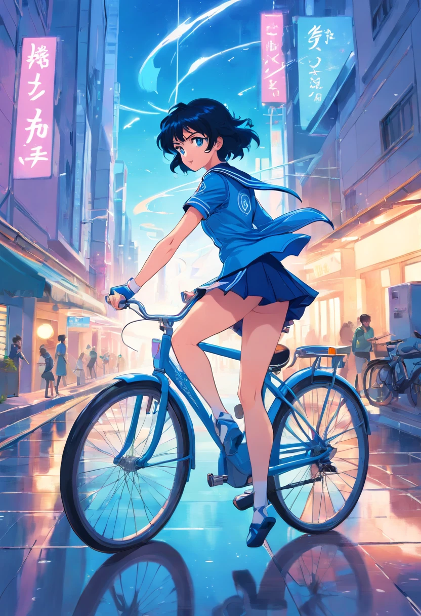 Sailor Mercury rides a bicycle, A complex water structure in a futuristic city