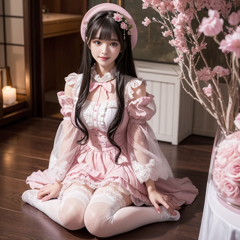 best quality, masterpiece, lifelike, 1 girl, alone, eternal, black hair, Long curly hair, blunt bangs, Smile, pink skirt, pink lolita dress, layered skirt, Lolita style long skirt,分層連衣裙 lace-trimmed 裙子, decorate, lace, long sleeve, puff sleeves, wide sleeves, Transparent sleeves, hair accessories, 在flower园里, flower, Detailed background,  delicate face，pink blush，white，knee socks, Pink shoes，cold，Lots of lace，((​masterpiece))、(top quality)、8K、high detail、super detailed、 21 years old female，穿着pink lolita dress((dreamy atmosphere:1.1))、Seductive and whimsical style、​masterpiece、born、Scenes resembling fairy tale illustrations、Intricate details showcase the ruffles and intricate designs of the Lolita dress、beautifully、magic、capricious、 beautifully、Dream aesthetics、「𝓡𝓸𝓶𝓪𝓷𝓽𝓲𝓬、ethereal、charming、fickle、magic」、realism、Visual effect、FXAA、SSAO、shader、voiceless、ambient lighting、Tone mapping、High resolution、ultra high definition、megapixel、(8K resolution:1.10)、8K、Below 8K、8K resolution、high detail、intricate details、A look of surprise and awe on her face、 (high quality:1.2、​masterpiece:1.2、:1.21)、(21 years old female:1.21)、(興奮地Smile)、(Surrounded by the dreamy atmosphere of an amusement par色洛丽塔连衣裙、Her eyes were full of surprise and joy、I took a lot of geek photos、、High heel、Model diagram，full-body shot，Knee-high white lace socks,Sweet Lolita，Normal 2 feet，Pink shoes，Baotou shoes，full-body shot，baby star dress，hat，Don't show your fingers，cold，big skirt