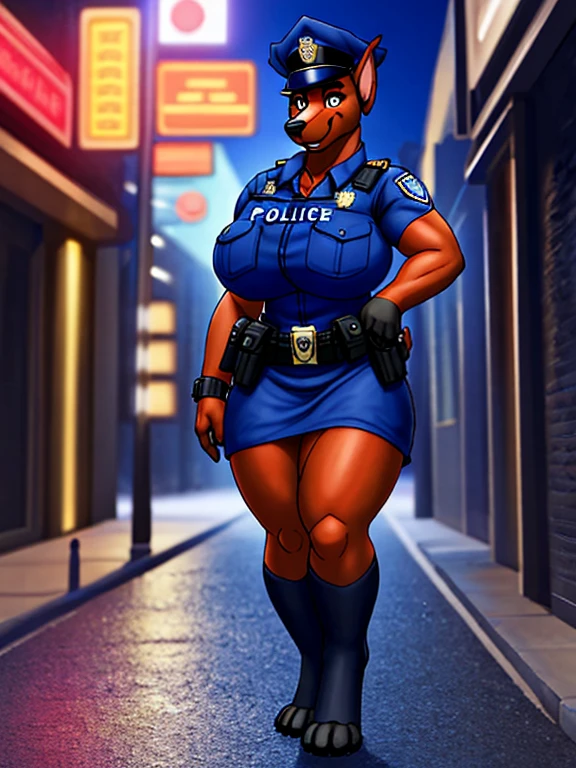 masterpiece, best quality, female, solo, dog, doberman,shepherd,((police woman)), brown skin, huge breasts, cute face, standing, volumetric lighting, dark ,street at night, police hat, blue cloth, burly girl, brawny girl,long legs,by kingbang