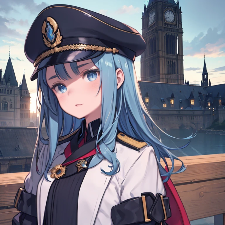 girl with long weak blue hair, blue eyes, cute face, Wearing black Prussian military uniform with gold details, wearing a black military hat, outside the castle