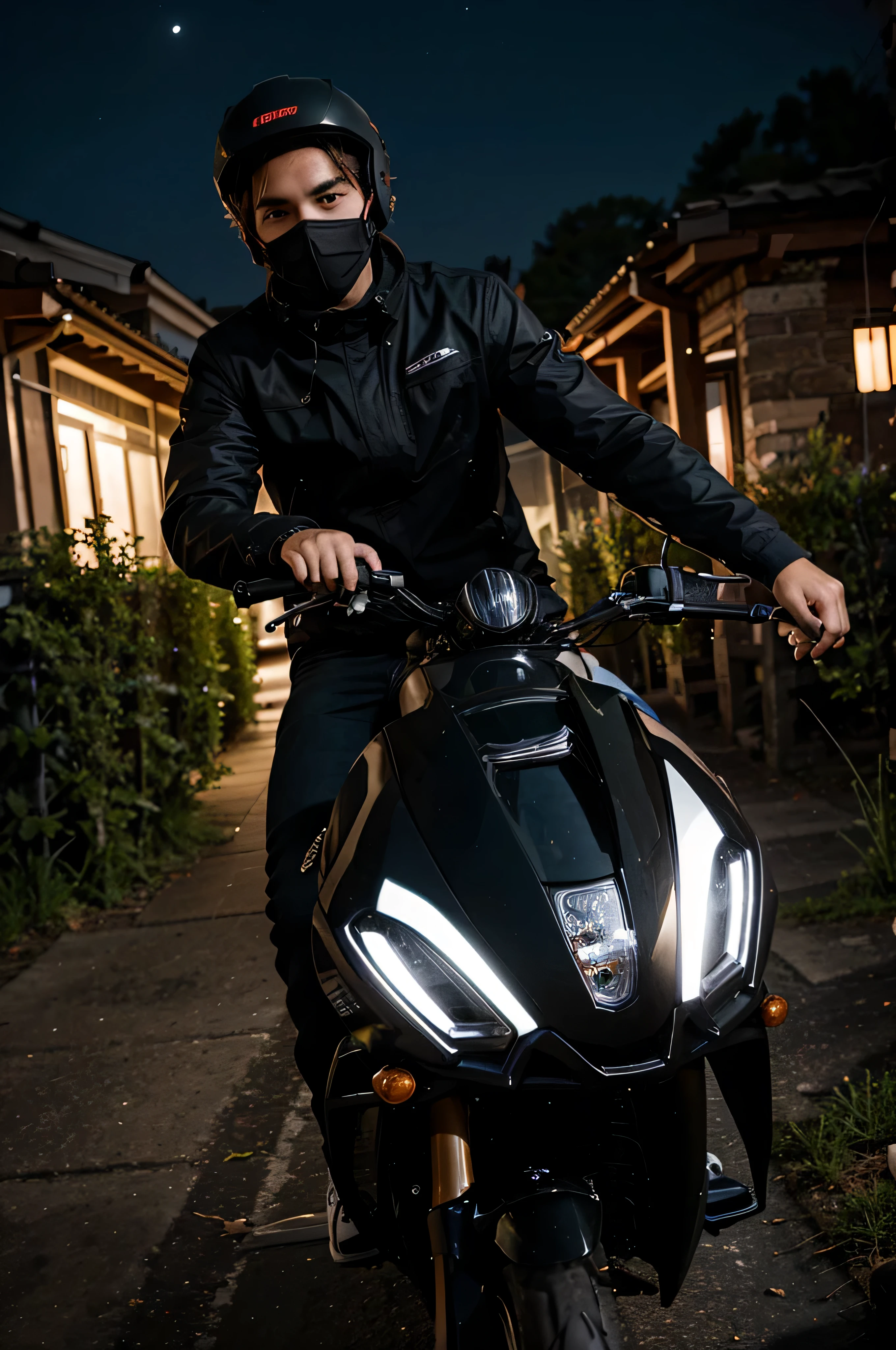 the strong and handsome ager boy riding by hight speed a black motobike in mountain wearing jacket and black maskv and cap in night