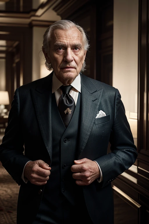 A cinematic portrait photo of a deeply intriguing old man, captured within the opulent surroundings of a luxury hotel. His open azure eyes gleam with a hidden depth, reflecting the softly lit environment around him.This highly detailed VFX retake was skillfully executed using a full frame camera equipped with a wide-angle lens. The old man's wrinkled features and expressive eyes are captured in stunning detail, revealing a wealth of stories and experiences.The luxurious hotel setting is tastefully depicted with intricate texture and cinematic lighting, creating an overall atmosphere of elegance and sophistication. The old man's attire, impeccably tailored and stylish, adds to the overall