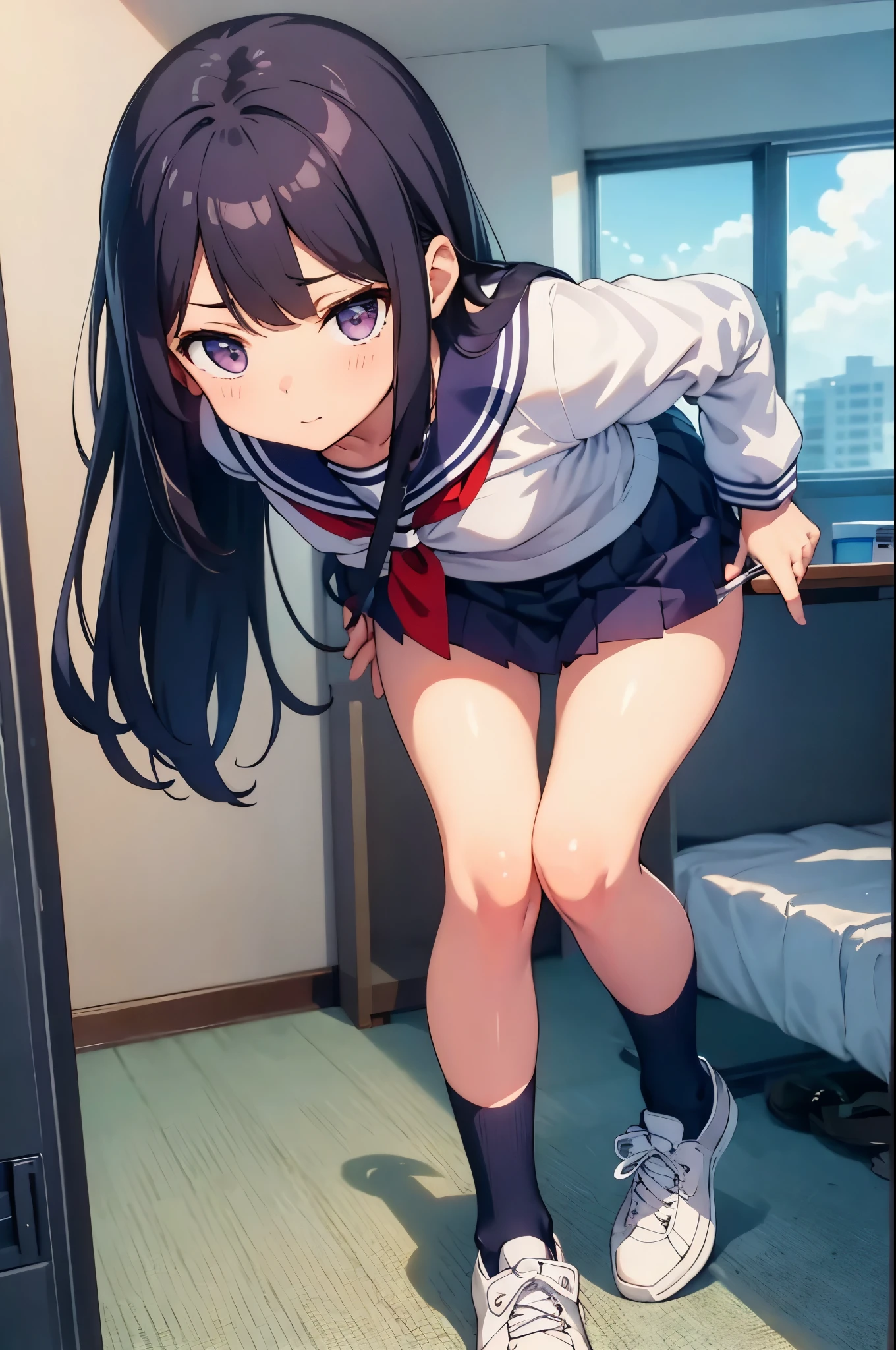 -year-old　flat chest　black hair　long hair　 are ple　（（1 person））　Upper half length sleeve white sailor uniform　Lower body navy blue miniskirt（（White panties are visible））　black socks　sneakers　standing by the window and taking off her panties　spread your legs a little　I can see white panties　dynamic angle　Low angle from the front