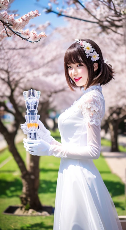 Girl robot gets married in Japan,mechanical limbs,mechanical fuselage,Made of glossy white and silver translucent glass and plastic, delicate lace dress, expression of joy, ,  Bright colors, cherry blossom background,cherry blossom petals fall, bright sunshine, enchanting atmosphere。