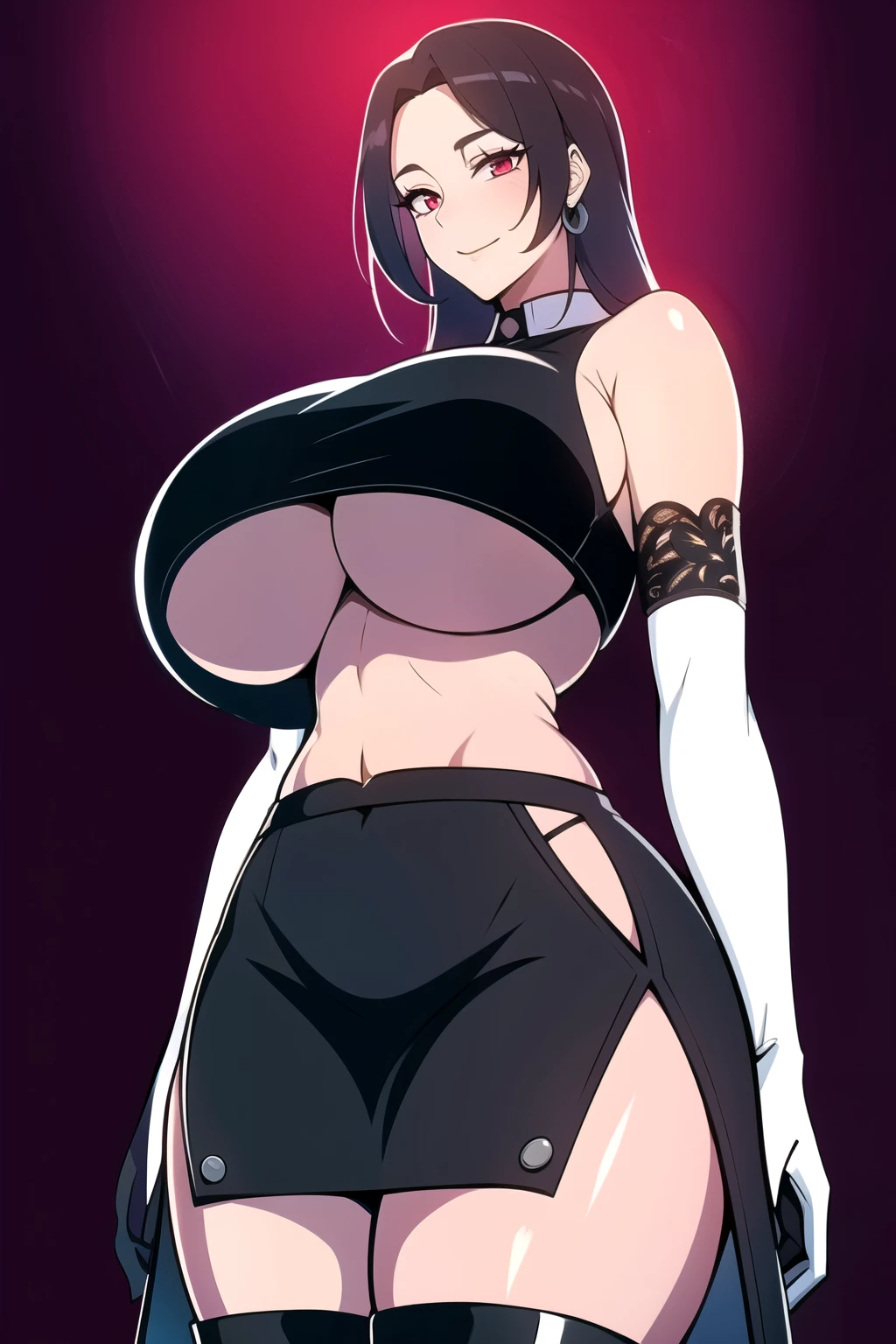 ultra realistic 8k cg, masterpiece, ((ultra detailed background, intricate detail, highly detailed, fine details best quality, hyperdetailed face)), gigantic breasts ,beautiful lighting, absurdres, BoaHancockV2, 1girl, solo, black hair, long hair, jewelry, closed mouth, ), ((black crop top : 1.1), (underboob : 1.4), elbow gloves, thigh boots, split skirt, bare shoulders, curvy, midriff, curvy, thighs, shiny clothes), red eyes, complex detailed background, inside, luxury palace), ((cowboy shot)), curvy, (gigantic breasts: 1.1), seductive smile, cowboy shot,