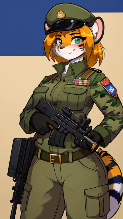 Female Furry Tiger Soldier in Spotted Forest Camo US Military Uniform, Detailed Eyes, Detailed Hands, Detailed Face, Detailed Hair, Holding AK-47, Spotted Forest Camo, Holding Russian Military Uniform Cap in Hand, Alternate Patch with flag on the shoulder., chevron of the Russian military flag on the shoulder., forest background