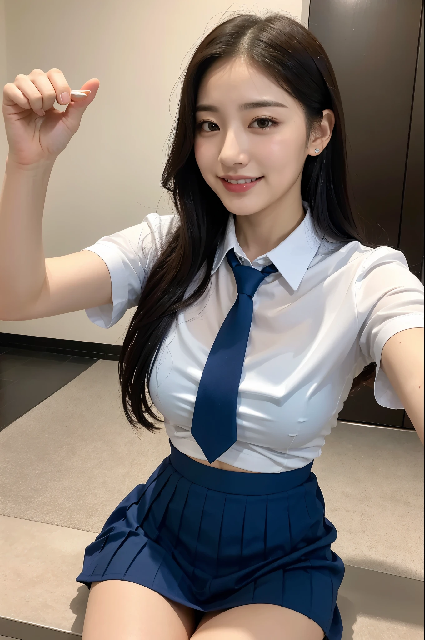 (8K), (highest quality: 1.2), (realistic), (realistic: 1.37), ultra high resolution, 1 girl, cute, smile, closed mouth, beautiful details, beautiful nose, whole body, wet hair, giant dulcefo, pork, , thighs,Self snap,Navel exposure,uniform,white short sleeve shirt,blue tie, feminine waist muscles,navy pleated skirt,thighs,The shirt is sheer,selfie,seaside,Navel exposure