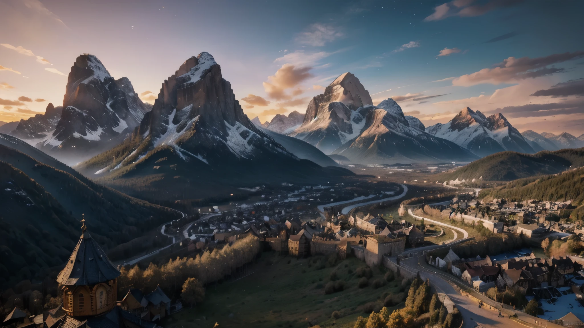 kingdom, medieval city, forest, sunset, landscape, massive mountains, peak, (very detailed CG unity 8k wallpaper), the most beautiful artwork in the world, professional majestic oil painting, intricate, high detail, clear focus, dramatic, realistic painting art, blue sky.