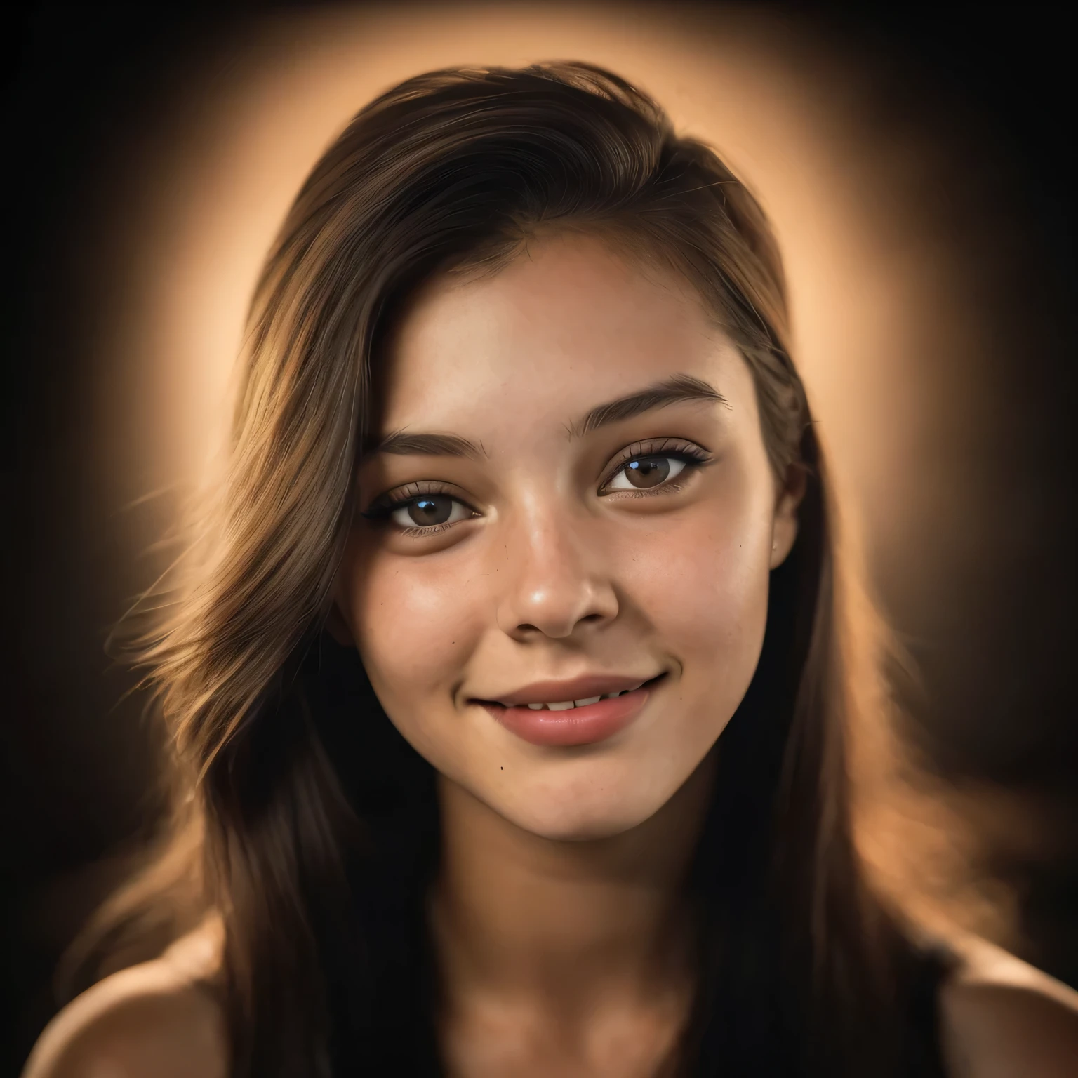(close, Editorial photo of a 21 year old woman), (highly detailed face:1.4) (smile:1.2) (background in the dark, thinking, ) throw, Written by Lee Jeffries, Nikon D850, film stock photography ,4 Kodak Portra 400 ,camera f1.6 lenses ,rich colors ,surreal ,realistic texture, dramatic lighting , Cinestill 800,