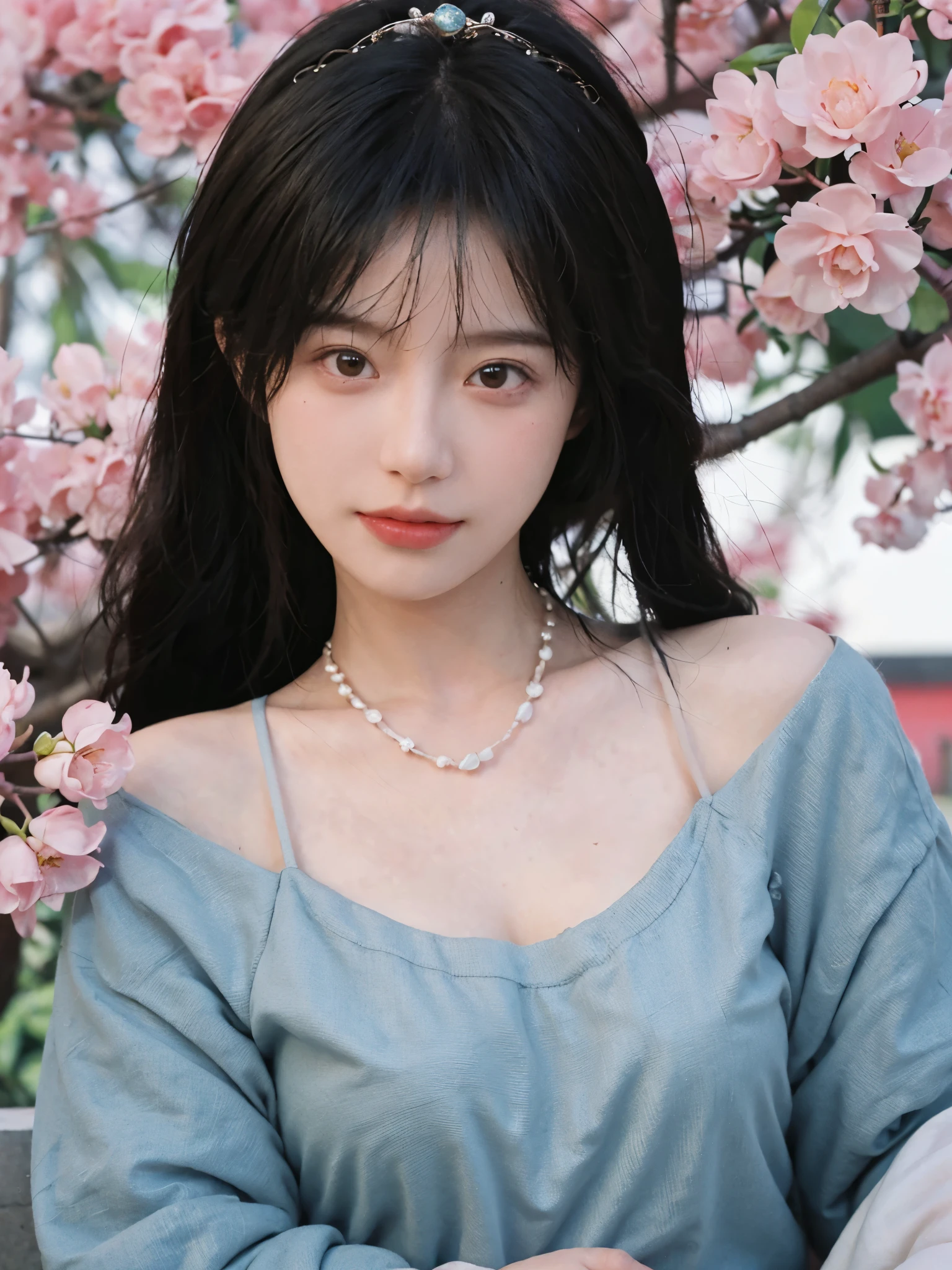 best quality, ultra high resolution, (realistically:1.4), Cute tiara,Baoyu Girl, A pair of clear and charming peach blossom eyes,Royal sister,The sun shines on the face,Long curly hair,(in the cherry blossom tree:1.4),(necklace:1.2),(White skin:1.4),(Full body female love:1.2)a sense of atmosphere,a beautiful girl,Looking directly at the viewer, Close-up cleavage ,(lifelike:1.4),1 girl,Sexy,(Upper body:1.4),(wet),(:1.2)