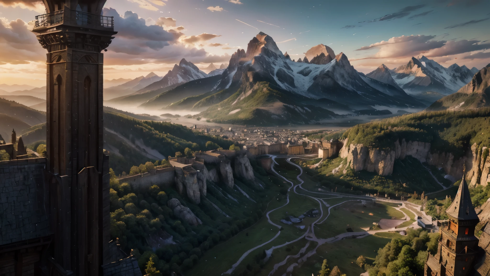 kingdom, medieval city, forest, sunset, landscape, massive mountains, peak, (very detailed CG unity 8k wallpaper), the most beautiful artwork in the world, professional majestic oil painting, intricate, high detail, clear focus, dramatic, realistic painting art, blue sky.
