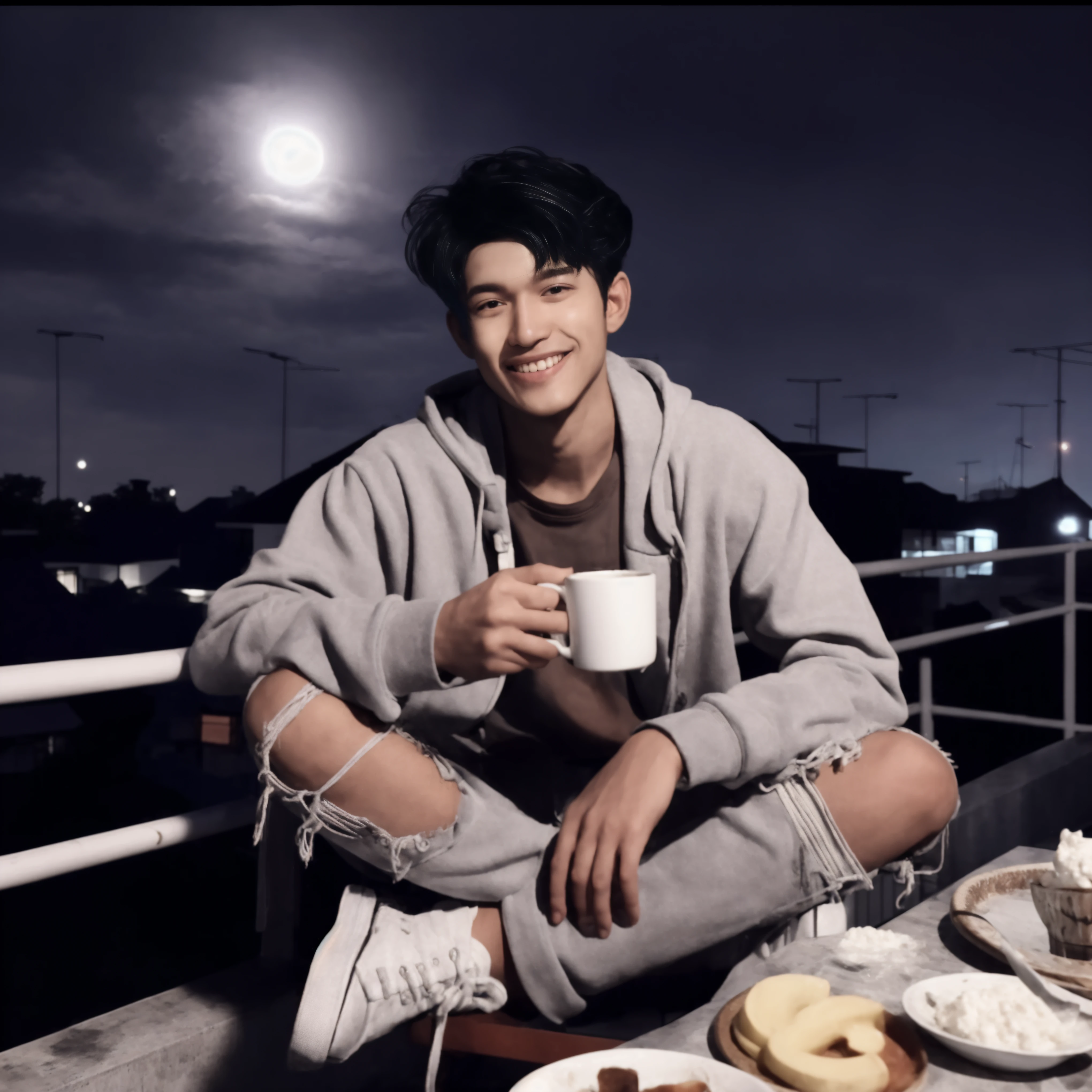 arafed man sitting on a balcony with a cup of coffee, inspired by Adam Dario Keel, inspired by John Luke, thawan duchanee, charming sly smile, ✨🕌🌙, ruan cute vtuber, sly smile, inspired by Bian Shoumin, male ulzzang, inspired by Kun Can, cai xukun, an aesthetic!
