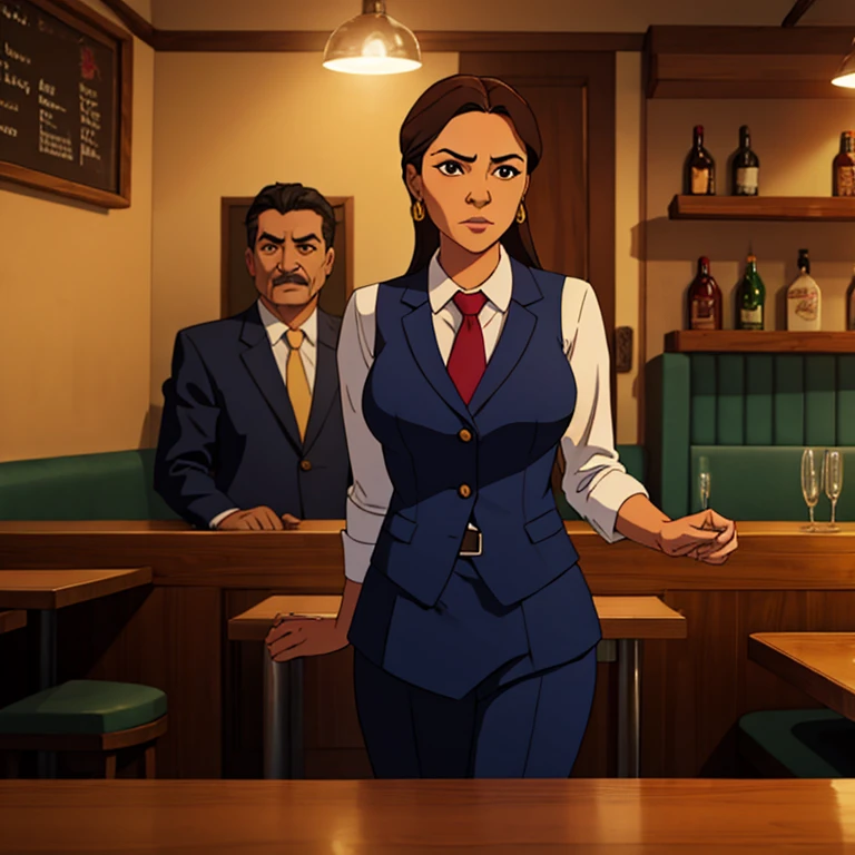 Middle age Mexican woman, suit, restaurant owner, boss.
