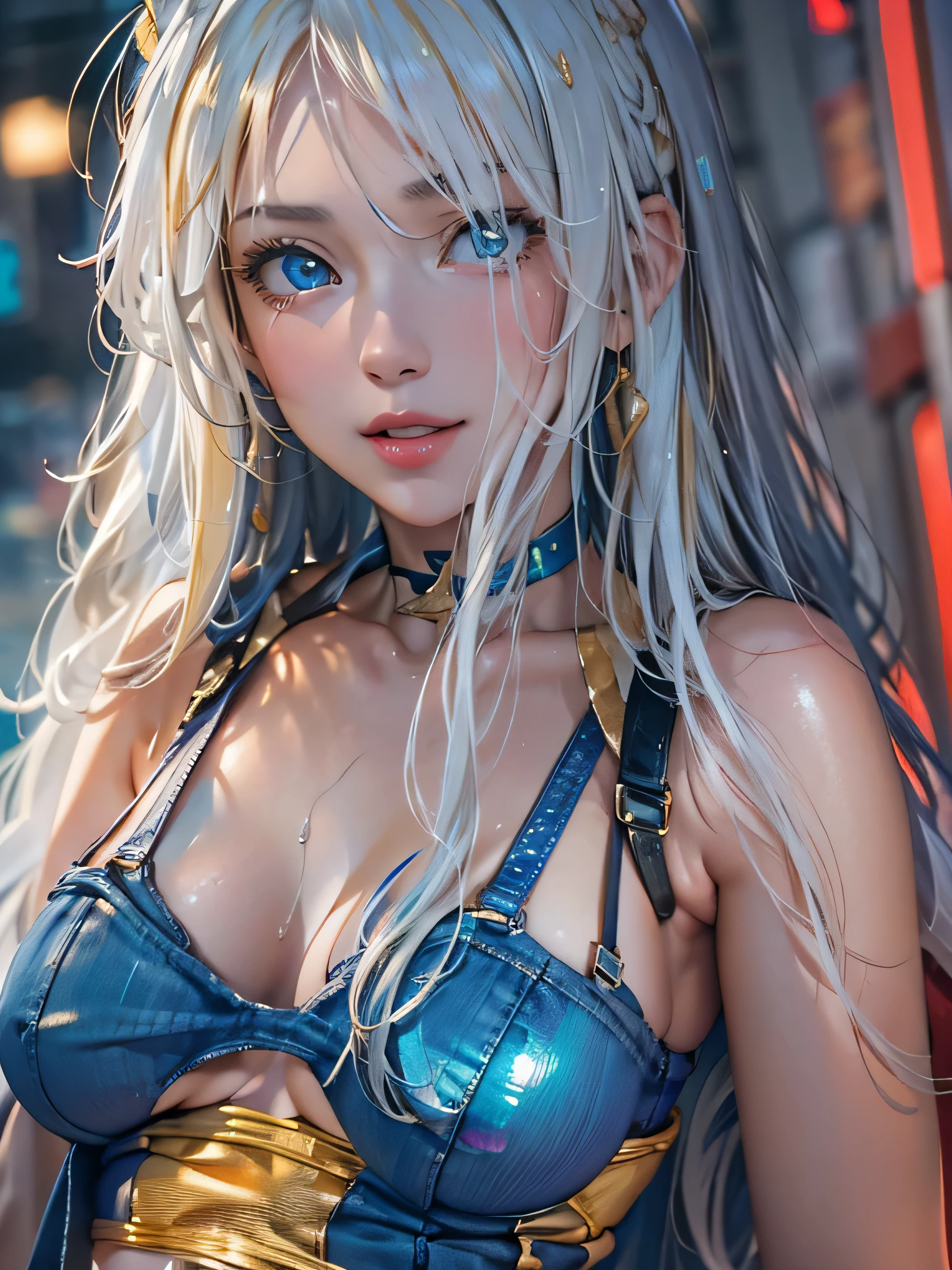 (photorealistic:1.8, highest quality:1.8,8K masterpiece:1.8,High resolution,muste piece:1.8,RAW Photos,cinematic lighting),No split screen, cyber punk、Highway at night、rain-soaked ground、
(1 android girl:1.3)、Completely naked、Full body tattoo、choker、beautiful breasts、wet t-shirt、denim mini skirt、beautiful butt、beautiful thighs,plump nipples、(Nipples visible through clothing)、cameltoe、
Body painting with a pop design drawn all over the body、pop art design、cutting edge fashion、conceptual art、
Provocative sexy poses、Riding a state-of-the-art bike、
(Beautifully shining vermilion, blue, white and golden hair:1.5)、shining blue eyes、Shy Smile