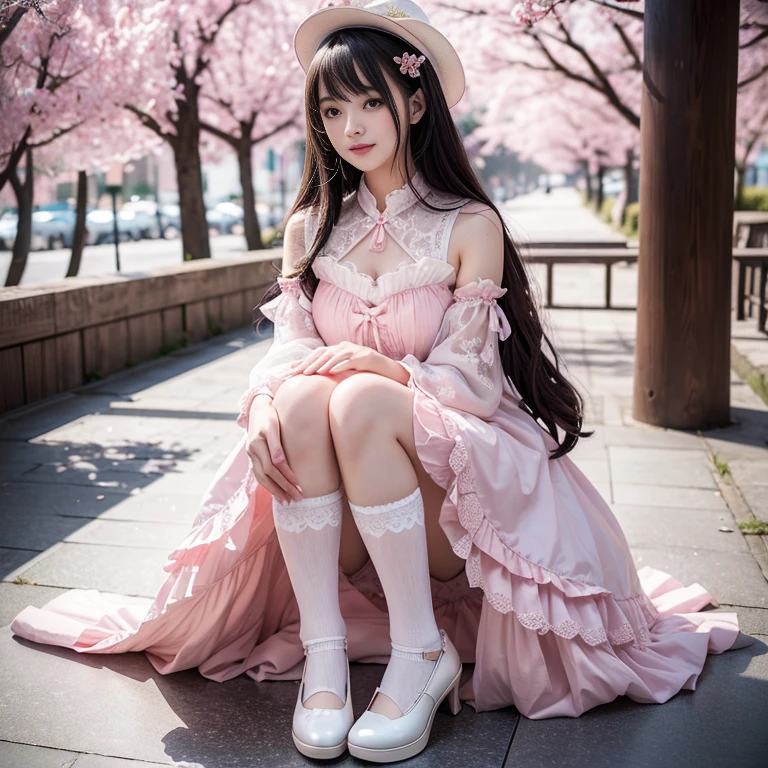 best quality, masterpiece, lifelike, 1 girl, alone, eternal, black hair, Long curly hair, blunt bangs, Smile, pink skirt, pink ta dress, layered skirt, Lolityle long skirt,分層連衣裙 lace-trimmed 裙子, decorate, lace, long sleeve, puff sleeves, wide sleeves, Transparent sleeves, hair accessories, 在flower园里, flower, Detailed background, delicate face,pink blush,white,knee socks, Pink shoes,cold,Lots of lace,((masterpiece))、(top quality)、8K、high detail、super detailed、 21 years old female,穿着pink lolita d((dreamy atmosphere:1.1))、Seductive and whimsical style、masterpiece、born、Scenes resembling fairy tale illustrations、Intricate details showcase the ruffles and intricate designs of the Lolita dressutifully、magic、capricious、 beautifully、Dream aesthetics、「𝓡𝓸𝓶𝓪𝓷𝓽𝓲𝓬、ethereal、charming、fickle、magic」、realism、Visual effect、FXAA、SSAO、shader、voiceless、ambient lighting、Tone mapping、High resolution、ultra high definition、megapixel、(8K resolution:1.10)、8K、Below 8K、8K resolution、high detail、intricate details、A look of surprise and awe on her face、 (high quality:1.2、masterpiece:1.2、:1.21)、(21 years old female:1.21)、(興奮地Smile)、(Surrounded by the dreamy atmosphere of an amusement par色洛丽塔连衣裙、Her eyes were full of surprise and joy、I took a lot of geek photos、、High heel、Model diagram,full-body shot,Knee-high white lace socks,Sweet Lolita,Normal 2 ,Pink shoes,Baotou shoes,full-body shot,baby star dress,hat,Don't show your fingers,cold,Emphasis on skirt volume,Exposed panties,huge