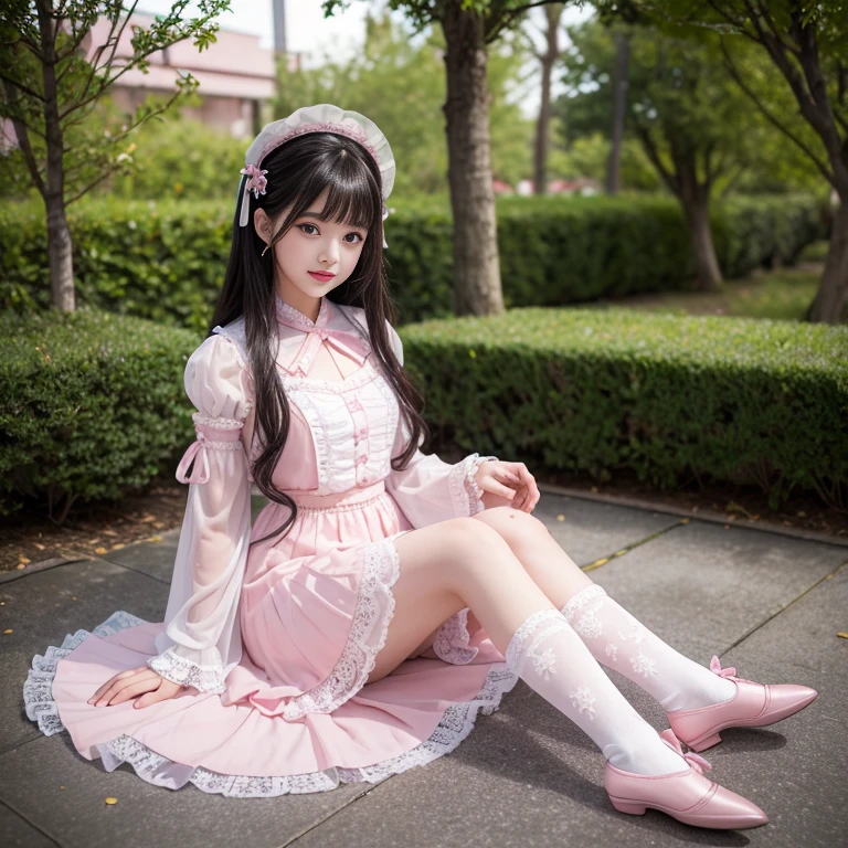 best quality, masterpiece, lifelike, 1 girl, alone, eternal, black hair, Long curly hair, blunt bangs, Smile, pink skirt, pink lolita dress, layered skirt, Lolita style long skirt,分層連衣裙 lace-trimmed 裙子, decorate, lace, long sleeve, puff sleeves, wide sleeves, Transparent sleeves, hair accessories, 在flower园里, flower, Detailed background,  delicate face，pink blush，white，knee socks, Pink shoes，cold，Lots of lace，((​masterpiece))、(top quality)、8K、high detail、super detailed、 21 years old female，穿着pink lolita dress((dreamy atmosphere:1.1))、Seductive and whimsical style、​masterpiece、born、Scenes resembling fairy tale illustrations、Intricate details showcase the ruffles and intricate designs of the Lolita dress、beautifully、magic、capricious、 beautifully、Dream aesthetics、「𝓡𝓸𝓶𝓪𝓷𝓽𝓲𝓬、ethereal、charming、fickle、magic」、realism、Visual effect、FXAA、SSAO、shader、voiceless、ambient lighting、Tone mapping、High resolution、ultra high definition、megapixel、(8K resolution:1.10)、8K、Below 8K、8K resolution、high detail、intricate details、A look of surprise and awe on her face、 (high quality:1.2、​masterpiece:1.2、:1.21)、(21 years old female:1.21)、(興奮地Smile)、(Surrounded by the dreamy atmosphere of an amusement par色洛丽塔连衣裙、Her eyes were full of surprise and joy、I took a lot of geek photos、、High heel、Model diagram，full-body shot，Knee-high white lace socks,Sweet Lolita，Normal 2 feet，Pink shoes，Baotou shoes，full-body shot，baby star dress，hat，Don't show your fingers，cold，Emphasis on skirt volume，Exposed panties，huge 