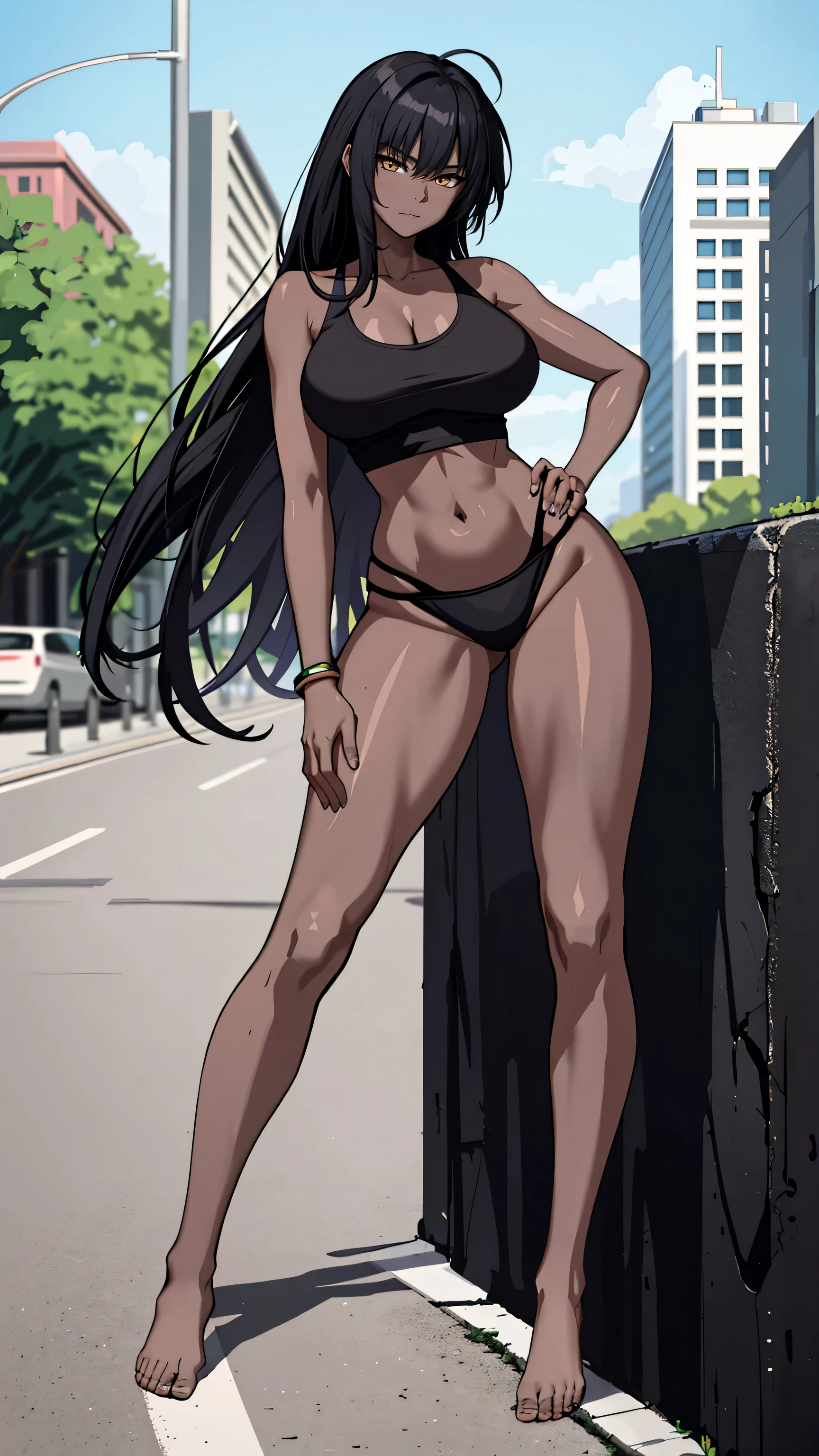 Masterpiece, best quality, high resolution, 1 woman, Karin , black skin , long black hair , black tank top , bikini , abdomen , big breasts, Long legs , Barefoot , stand on your hips , roadside , city