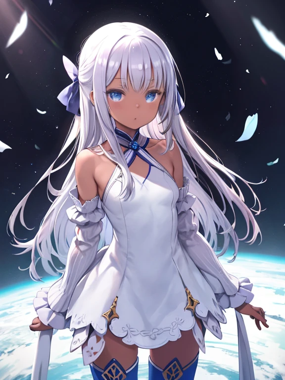 (masterpiece, highest quality), 1 girl, alone, Moimoi, blonde hair, blue eyes, dark skinned woman, White and blue dress, removed sleeve, blue and white hair bow, white choker, blue thigh boots, white stockings