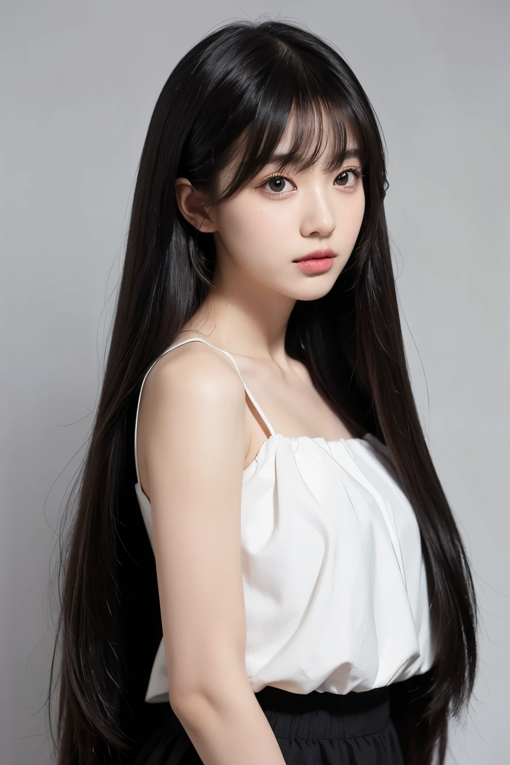Long-haired girl with black half body, long straight bangs