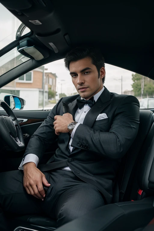 Elegant man sitting in the seat of a supercar, young man, Wearing a suit with the crotch showing his cock draped upwards., Realistic picture, Dark hair, no beard