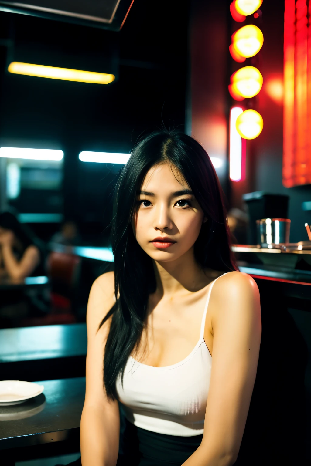 ((Best quality)), ((masterpiece)), (detailed), perfect face, upper body shot, young woman, makeup, street clothing, sitting in cafe in front of a clean black table, neon sign in japanese shining above her on the wall, dim lighting,  professional photograph, (bella kotak style of photography, paolo roversi style)