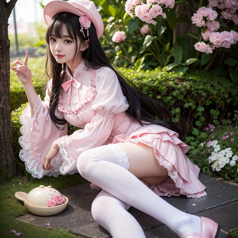 best quality, masterpiece, lifelike, 1 girl, alone, eternal, black hair, Long curly hair, blunt bangs, Smile, pink skirt, pink lolita dress, layered skirt, Lolita style long skirt,分層連衣裙 lace-trimmed 裙子, decorate, lace, long sleeve, puff sleeves, wide sleeves, Transparent sleeves, hair accessories, 在flower园里, flower, Detailed background,  delicate face，pink blush，white，knee socks, Pink shoes，cold，Lots of lace，((​masterpiece))、(top quality)、8K、high detail、super detailed、 21 years old female，穿着pink lolita dress((dreamy atmosphere:1.1))、Seductive and whimsical style、​masterpiece、born、Scenes resembling fairy tale illustrations、Intricate details showcase the ruffles and intricate designs of the Lolita dress、beautifully、magic、capricious、 beautifully、Dream aesthetics、「𝓡𝓸𝓶𝓪𝓷𝓽𝓲𝓬、ethereal、charming、fickle、magic」、realism、Visual effect、FXAA、SSAO、shader、voiceless、ambient lighting、Tone mapping、High resolution、ultra high definition、megapixel、(8K resolution:1.10)、8K、Below 8K、8K resolution、high detail、intricate details、A look of surprise and awe on her face、 (high quality:1.2、​masterpiece:1.2、:1.21)、(21 years old female:1.21)、(興奮地Smile)、(Surrounded by the dreamy atmosphere of an amusement par色洛丽塔连衣裙、Her eyes were full of surprise and joy、I took a lot of geek photos、、High heel、Model diagram，full-body shot，Knee-high white lace socks,Sweet Lolita，Normal 2 feet，Pink shoes，Baotou shoes，full-body shot，baby star dress，hat，Don't show your fingers，cold，Emphasis on skirt volume，Exposed panties，huge 