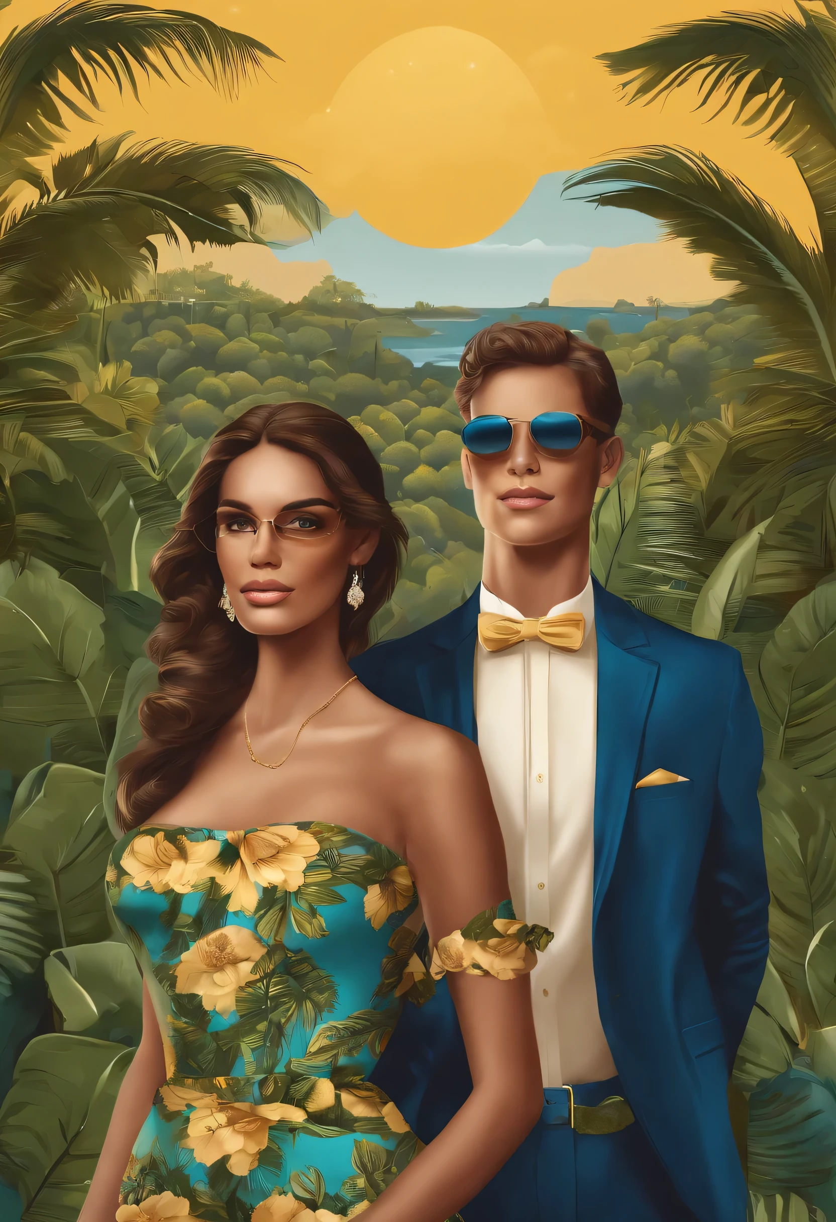 Create a poster of a couple with a blue caiçara beetle. Ele com olhos castanhos e cabelo castanho claro e ela com cabelos loiros compridos e olhos castanhos, with thin golden glasses, com vestido verde escuro e ele com camisa praiana e bermuda jeans. Em uma paisagem de praia