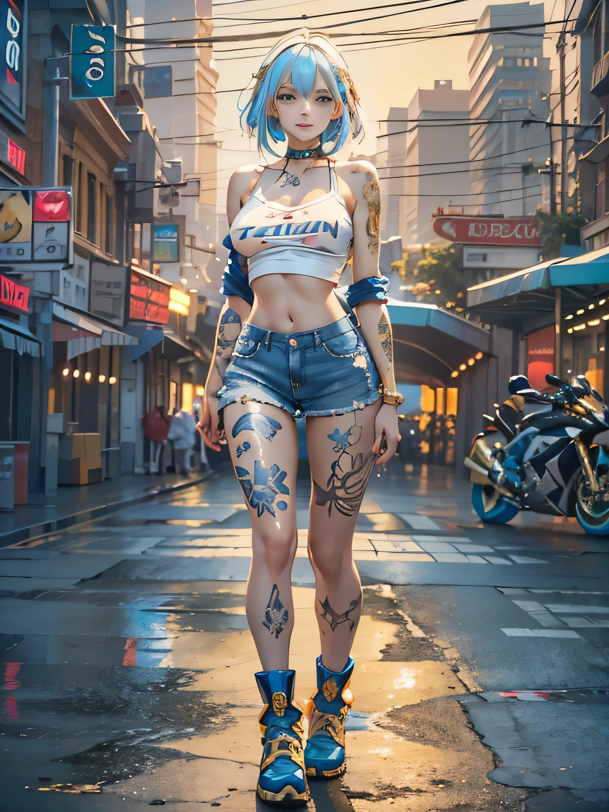 (photorealistic:1.8, highest quality:1.8,8K masterpiece:1.8,High resolution,muste piece:1.8,RAW Photos,cinematic lighting),No split screen, cyber punk、Highway at night、rain-soaked ground、 (1 android girl:1.3)、Completely naked、Full body tattoo、choker、beautiful breasts、T-shirt、denim mini skirt、beautiful butt、beautiful thighs,plump nipples、(Nipples visible through clothing)、cameltoe、 Body painting with a pop design drawn all over the body、pop art design、cutting edge fashion、conceptual art、Riding on motorcycle、 (Beautifully shining vermilion, blue, white and golden hair:1.5)、shining blue eyes、Shy Smile