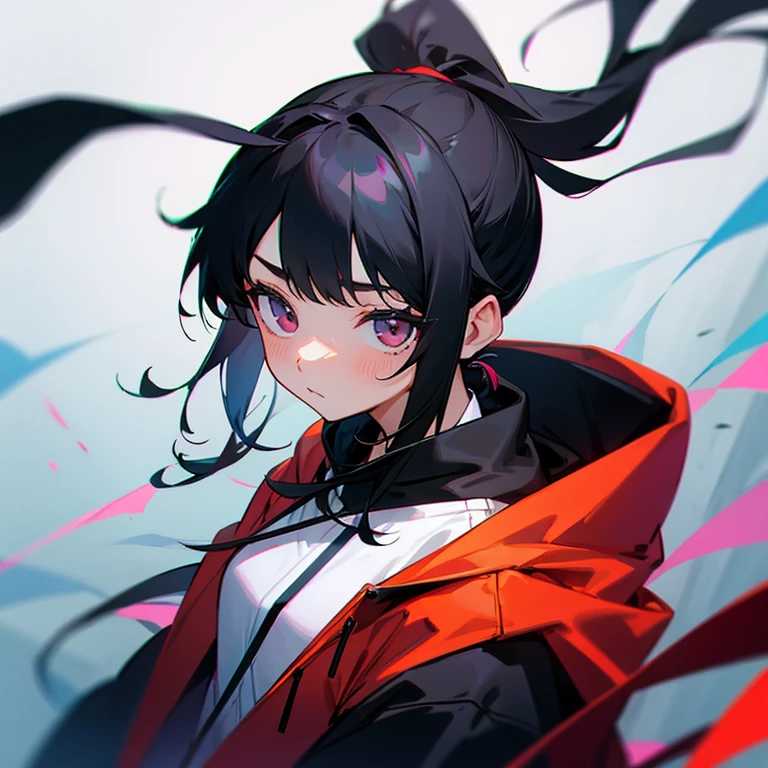 black hair、girl、ponytail、hoodie、look down