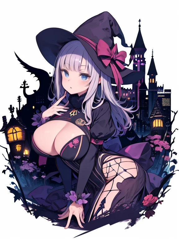 table top,Charming Halloween Witches, random coloring,2D, planar vector, t-shirt design, colorful splashes, fantasy art, watercolor effect,digital painting, white background, 8K、cityscape at night,bbw,anime style、huge breasts、bbw
