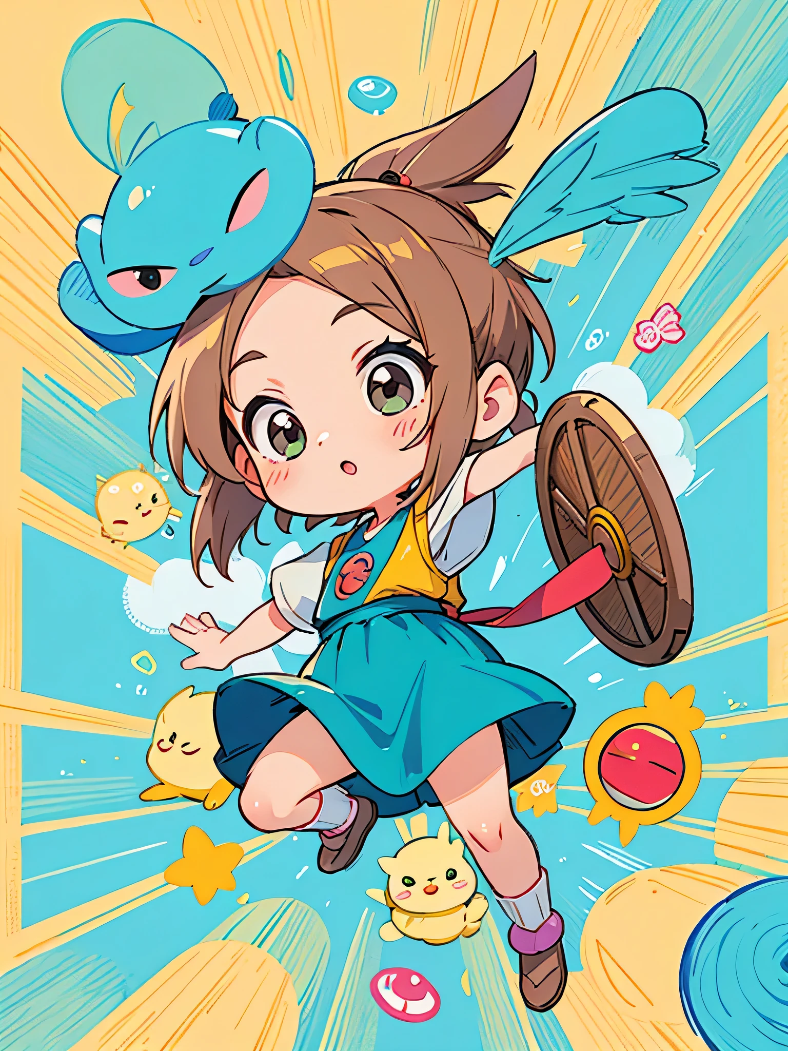akira toriyama style, Kawaii Design, most beautiful girl ever、Chibi, birdie、Large shield