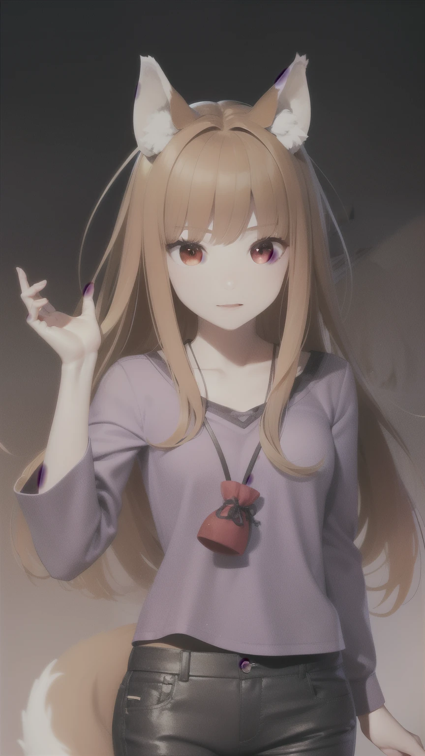 Cherry blossom background,1girl, animal ears,wolf ears, tail, wolf tail, red eyes, wolf girl, brown hair,long hair, purple shirt, Pouch,, (extremely detailed CG unity 8k wallpaper), (highest quality), (ultra-detailed), (best illustrations), (best shadow)