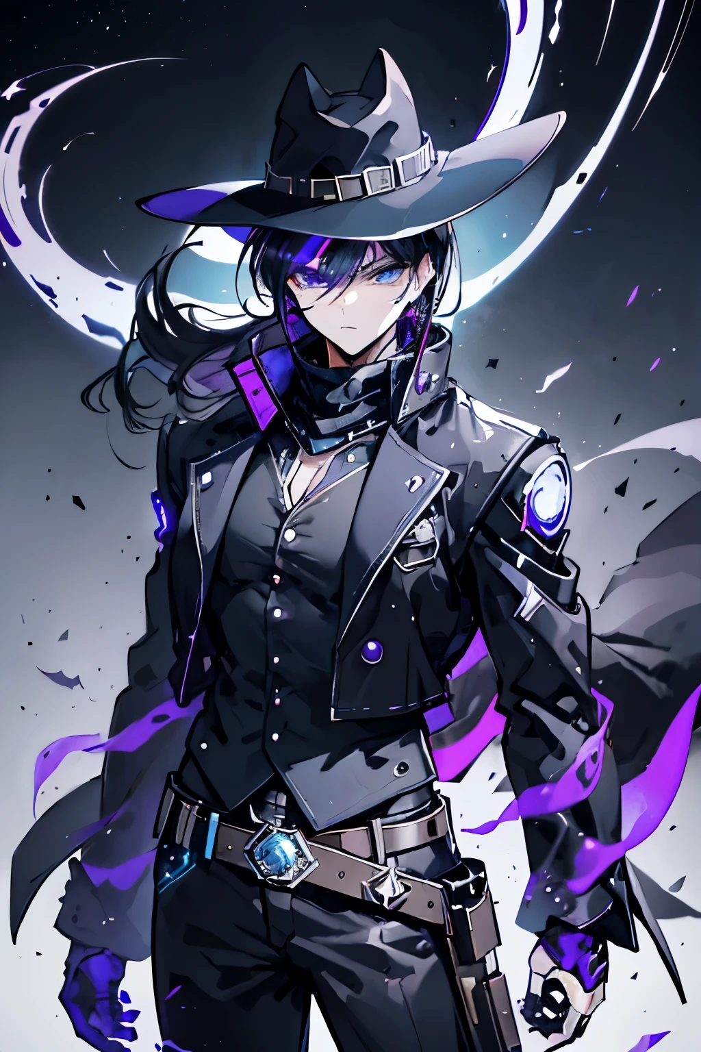 space cowboy, cowboy hat, (blue eyes, cyborg eye, mechanical eye, heterochromatic eyes), space cowboy guy, (cowboy hat, Stetson hat, dark outfit, space mercenary, space criminal, outlaw, futuristic,, space outlaw, dark colors, dark outfit color, dark grey, dark gray), (big belt, huge belt, gun holsters, texan holsters, holsters), cowboy cape, cowboy vest, (black hair, purple highlights, violet highlights, dark hair), (male, masculine, man, boy, guy, masculine cowboy), adult male, ponytail, low ponytail, mechanical arms