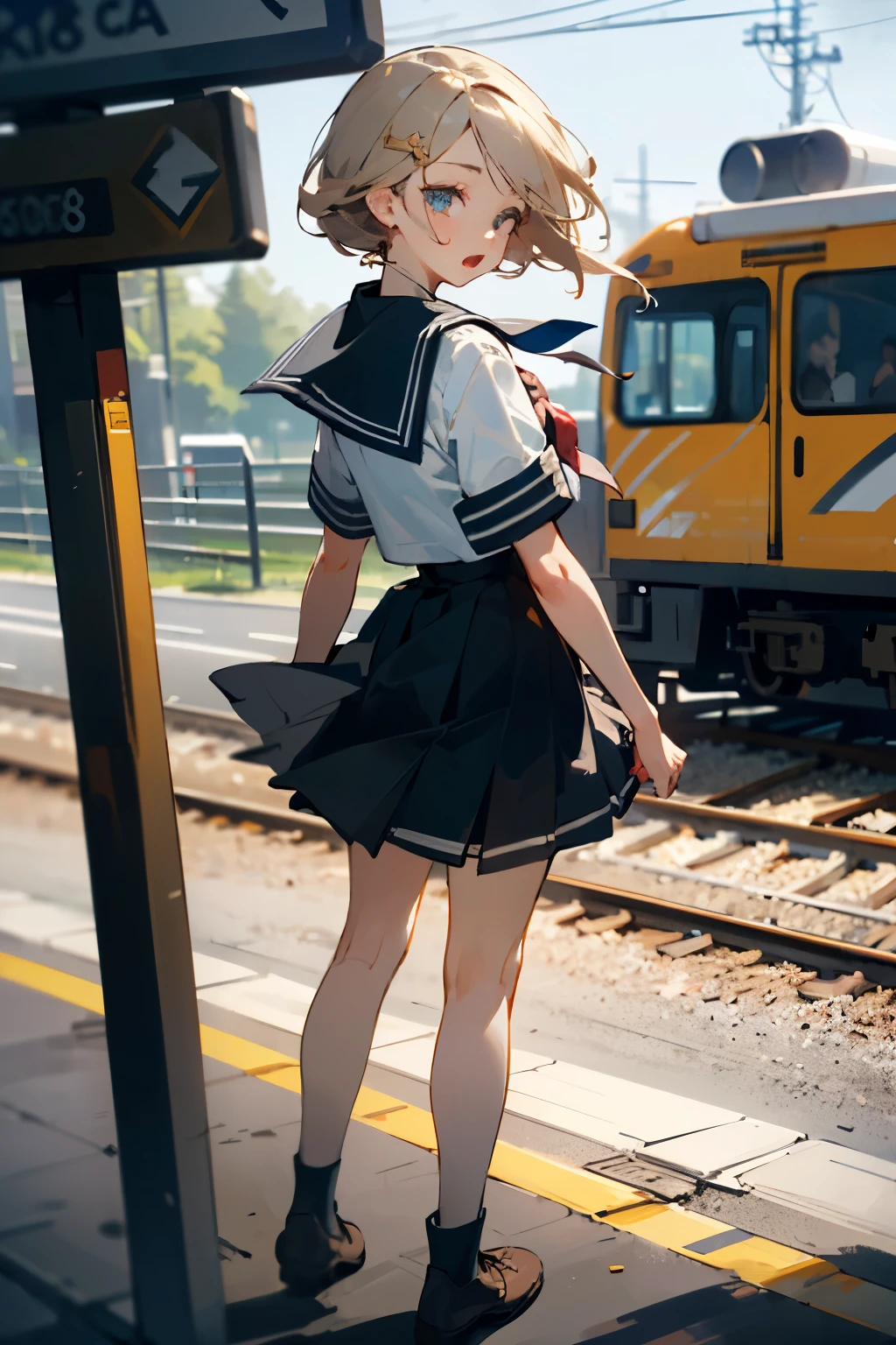 full body, looking back, expressionless, Open mouth a little, sailor shirt, mini skirt, Outdoor, grade crossing, level crossing, ((Detailed eyes))((Detailed hair))((Detailed clothes))((Detailed room))((Detailed light)). ((4K))((8K))((Ultra High Definition))((HDR)). ((one girl))((portrait))((masterpiece))((perfection))